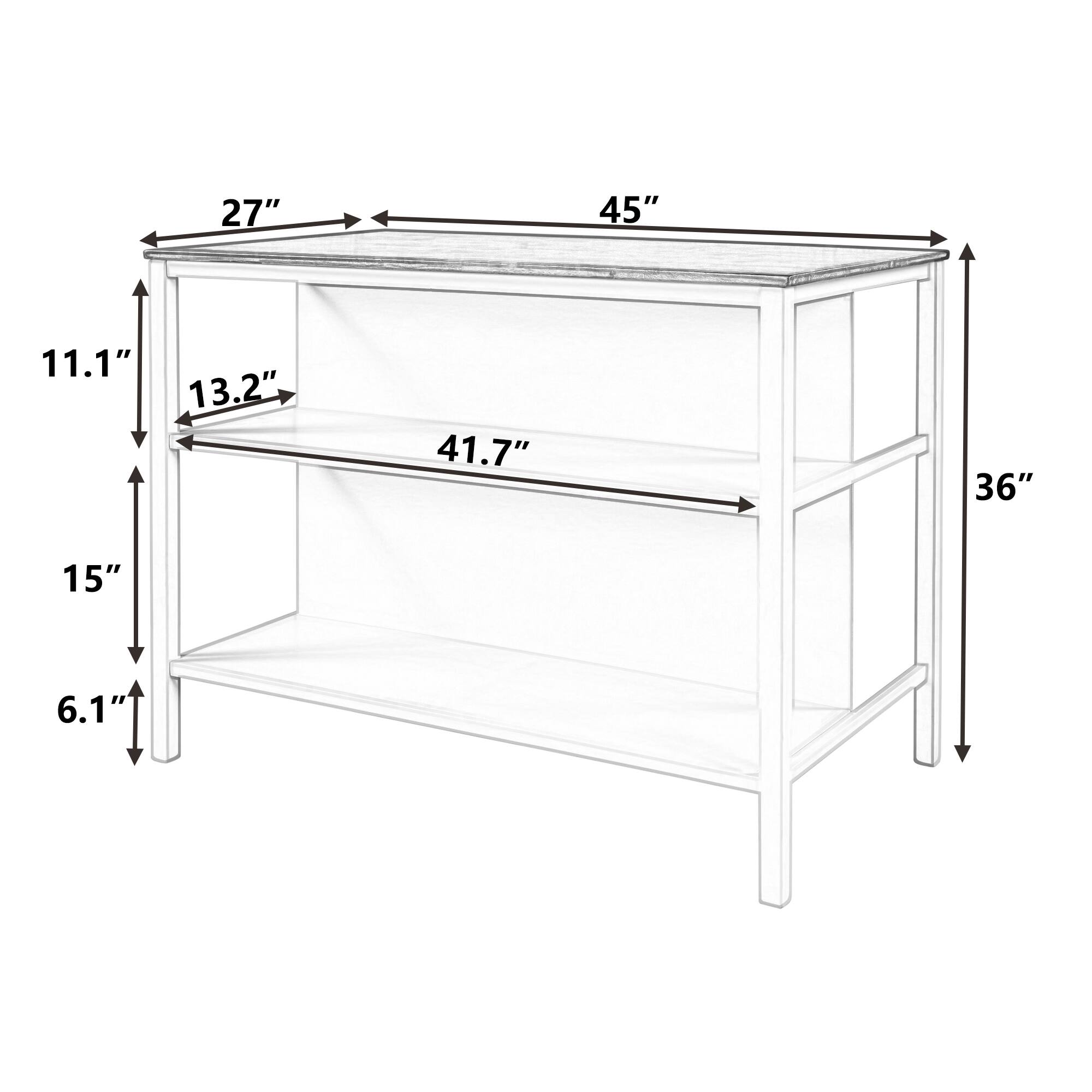 - Width: 45"
- Depth: 27"
- Height: 36"
- Shelf 1: 11.1" (front) x 13.2" (depth)
- Shelf 2: 15" (front) x 41.7" (depth)
- Leg height: 6.1"