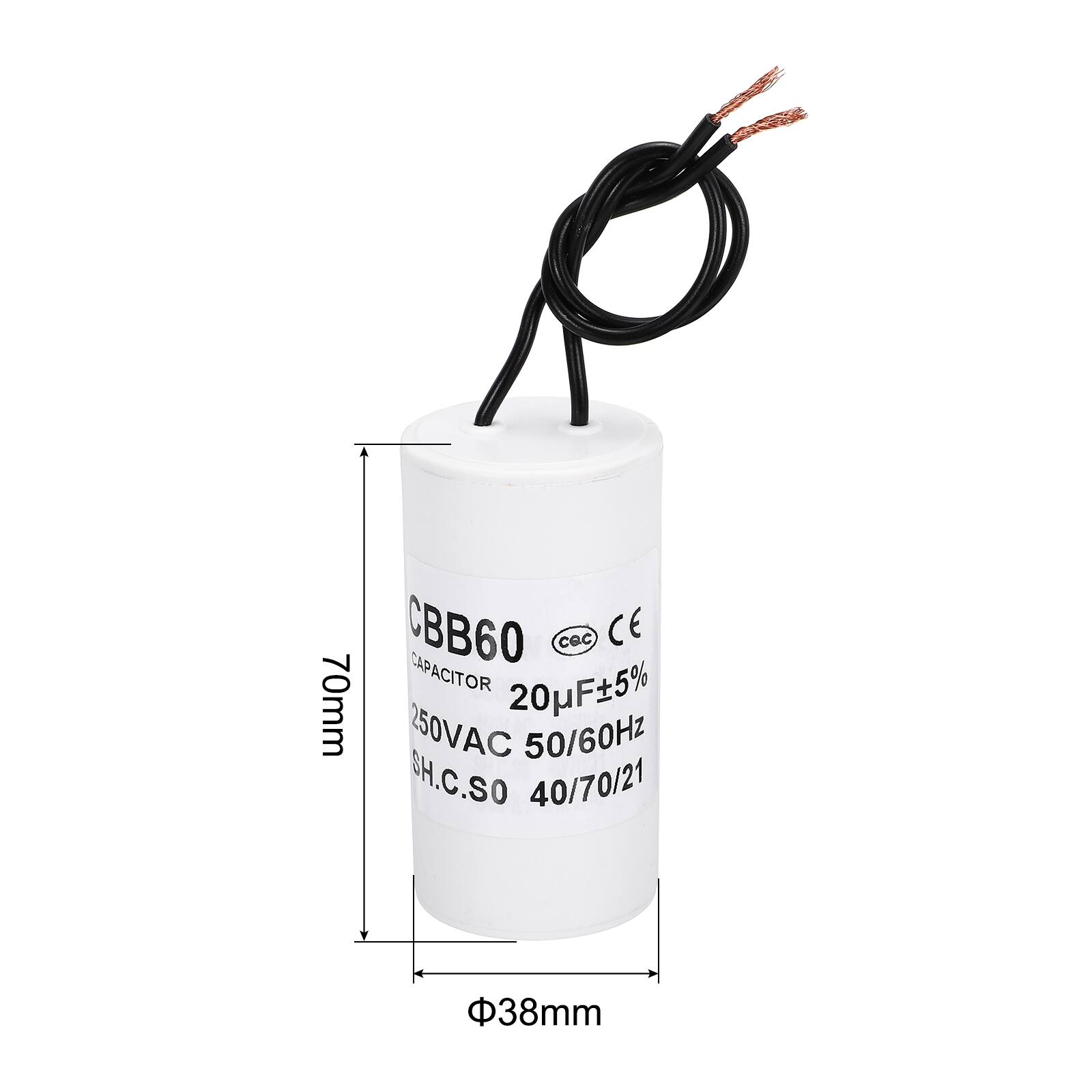 CBB60 CE cec CAPACITOR 20µF±5% 70mm 250VAC 50/60Hz SH.C.SO 40/70/21 38mm