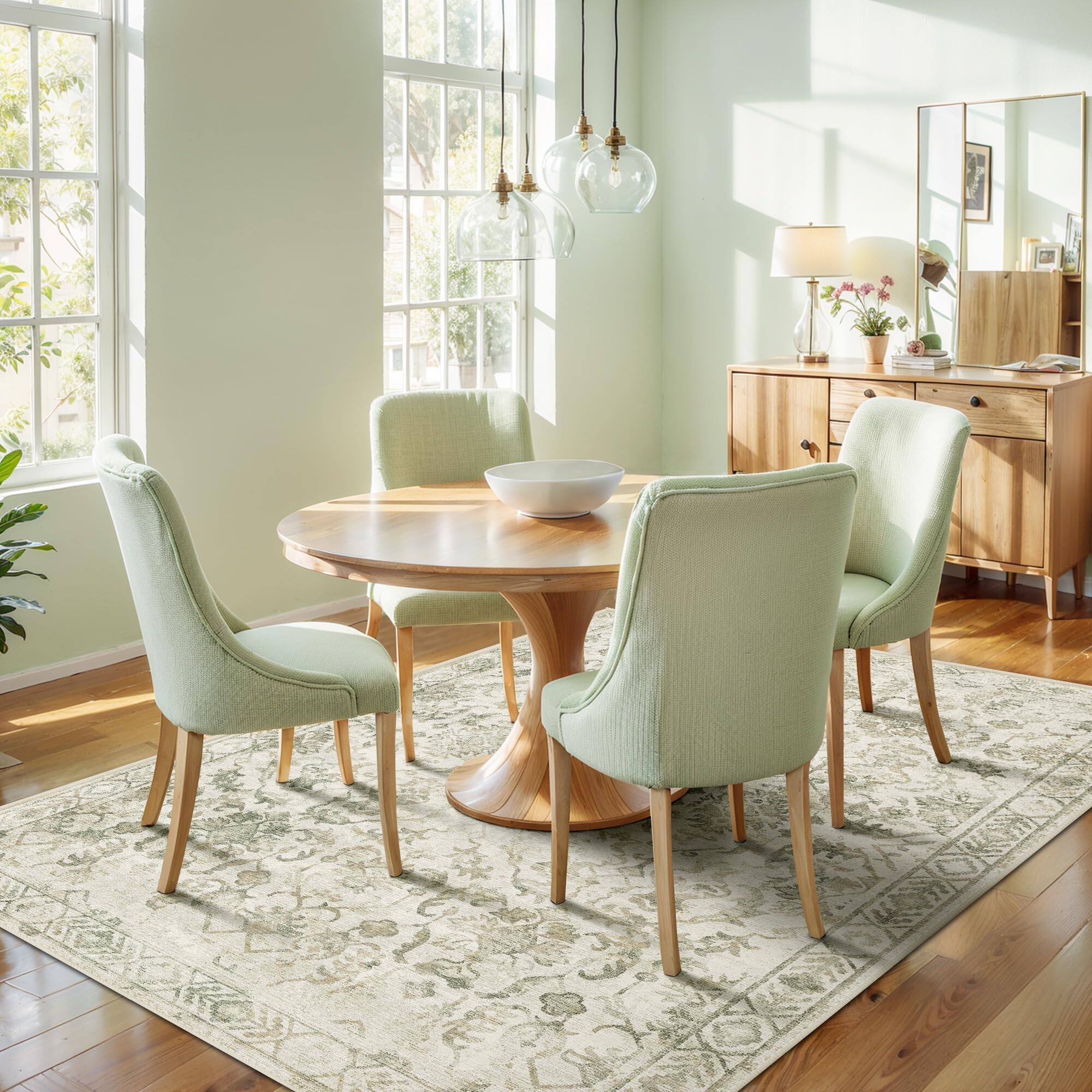 Back. Fabibe - 5X7 BEIGE GREEN Traditional Farmhouse Floral Non-Shedding Indoor VINTAGE LIVING ROOM AREA FOR DINING ROOM, WASHABLE - Beige Green 2'x6'.