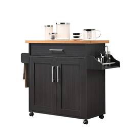 Hodedah - Wheeled Kitchen Island with Spice Rack and Towel Holder, Black/Beech - Black-beech
