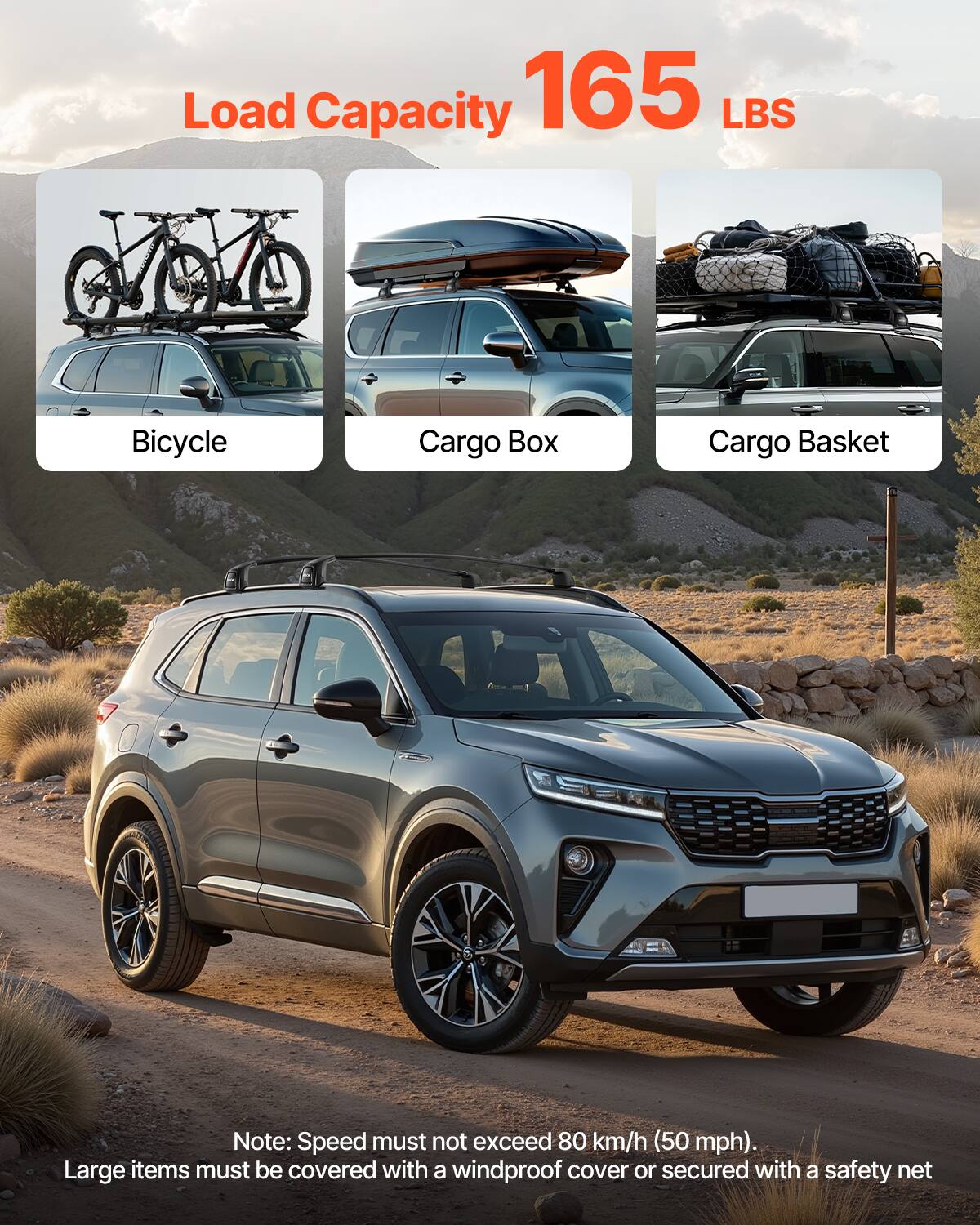 Load Capacity 165 LBS

Bicycle
Cargo Box
Cargo Basket

Note: Speed must not exceed 80 km/h (50 mph). Large items must be covered with a windproof cover or secured with a safety net.