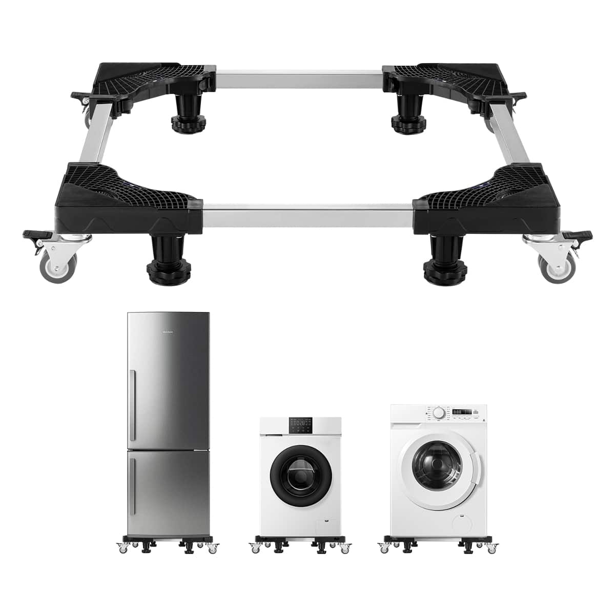 Ropilly - Adjustable Fridge Stand Steel Appliance Dolly with Locking Wheels for Washer Refrigerator - Black