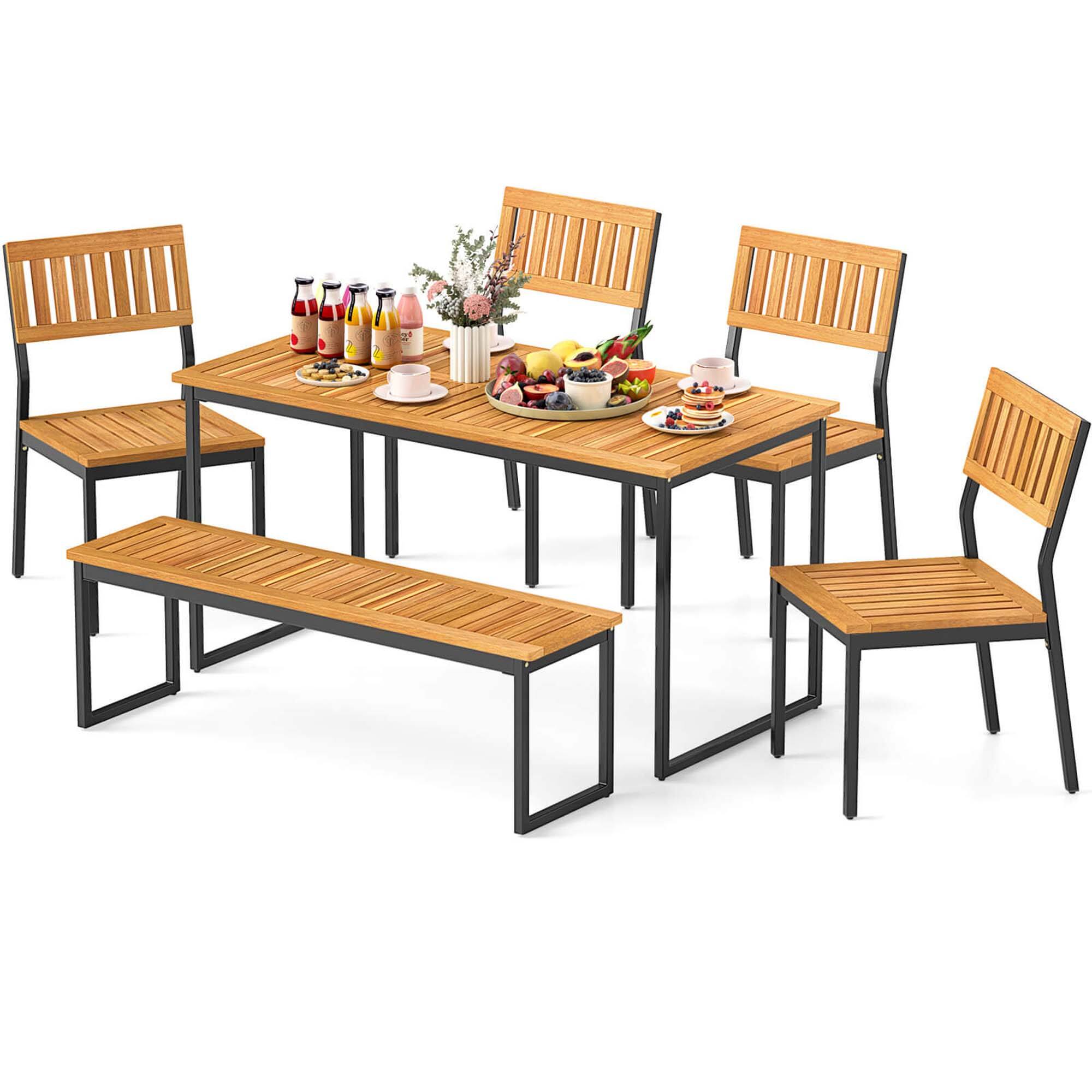 Alt View 8. Costway - Costway 6 PCS Outdoor Acacia Wood Dining Set with Bench and 2" Umbrella Hole Outdoor Patio - Beige.