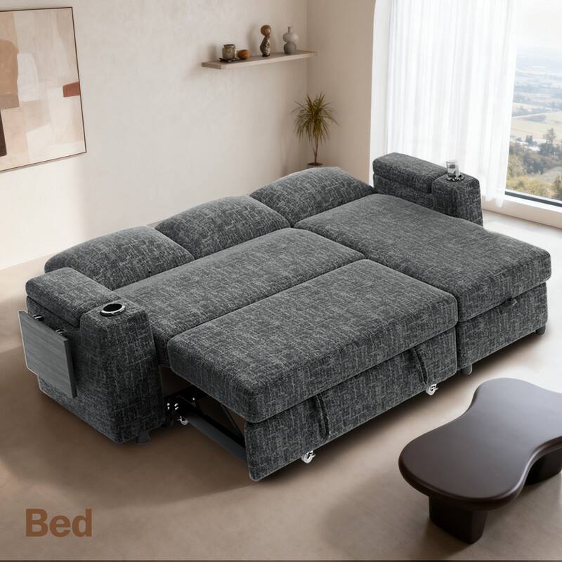 Back. Vipbear - 85" Modular Sectional Sofa with Pull Out Bed,Chenille Fabric 3 Seat Sectional Sleeper Sofa with Storage,for Living Room - Dark Dray.