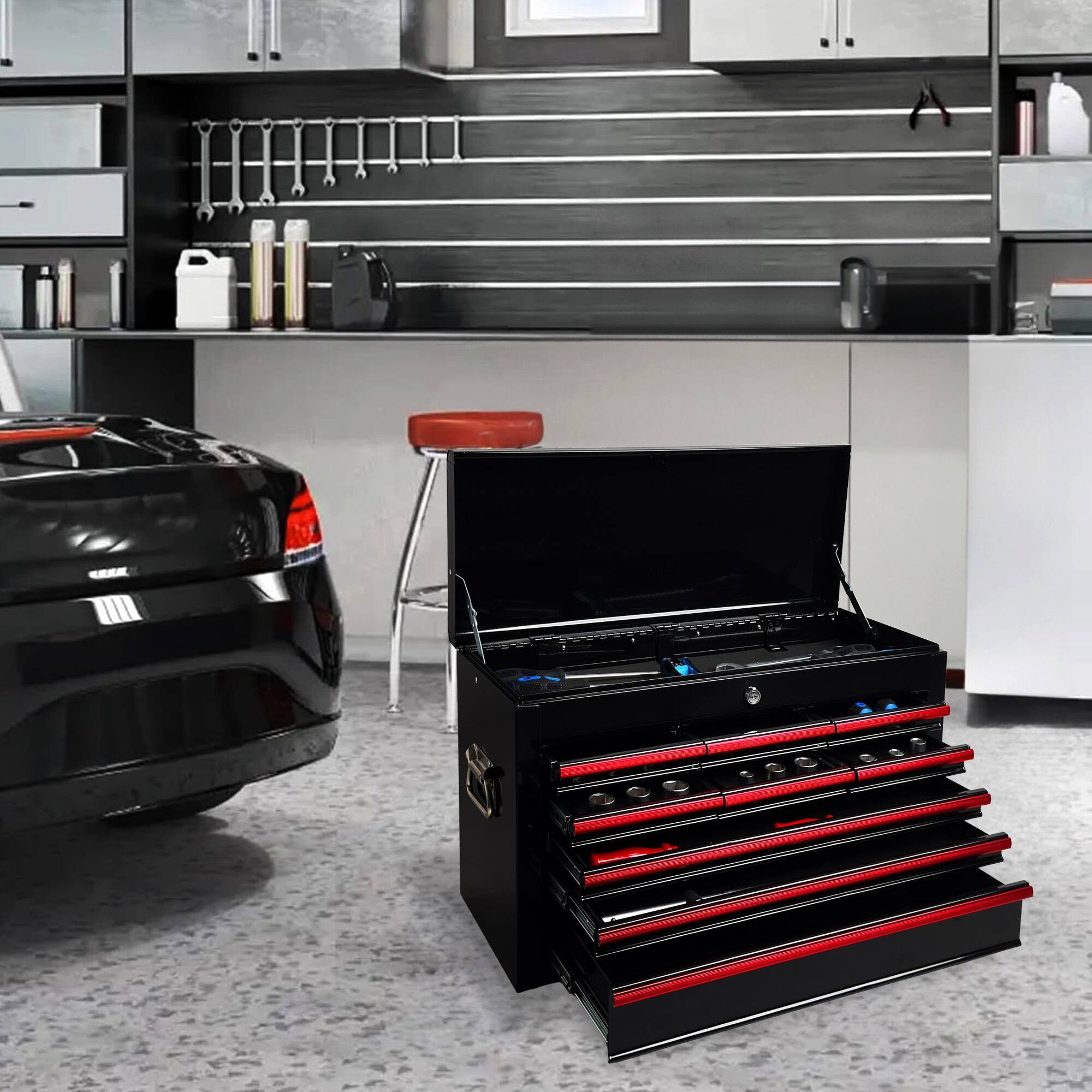 Alt View 5. Boyel Living - Black&Red Heavy Duty Metal Tool Box, 24-inch, Portable Metal Tool Box with 9 Drawers, Small Tool Chest.