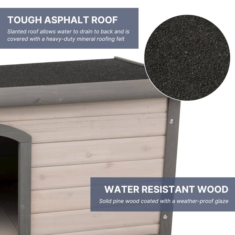 TOUGH ASPHALT ROOF  
Slanted roof allows water to drain to back and is covered with a heavy-duty mineral roofing felt  

WATER RESISTANT WOOD  
Solid pine wood coated with a weather-proof glaze