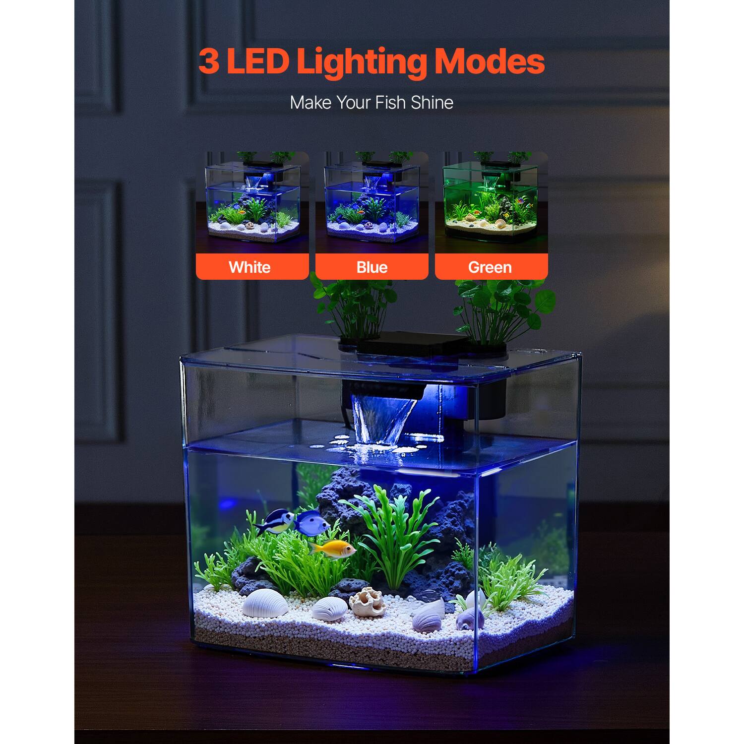 3 LED Lighting Modes  
Make Your Fish Shine  
White Blue Green