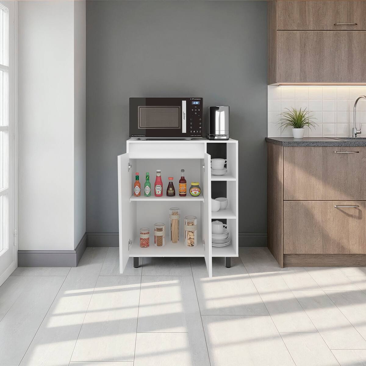 Alt View 2. Loheer - Loheer White Microwave Stand with Storage 31.5 Inch Wide Kitchen Cabinet with 5 Shelves and 2 Doors - White.