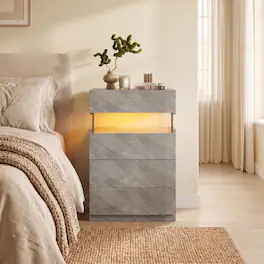 Loheer - Grey LED Nightstand, Bedside Table with 4 Drawers, Modern Bedroom Cabinet - Gray