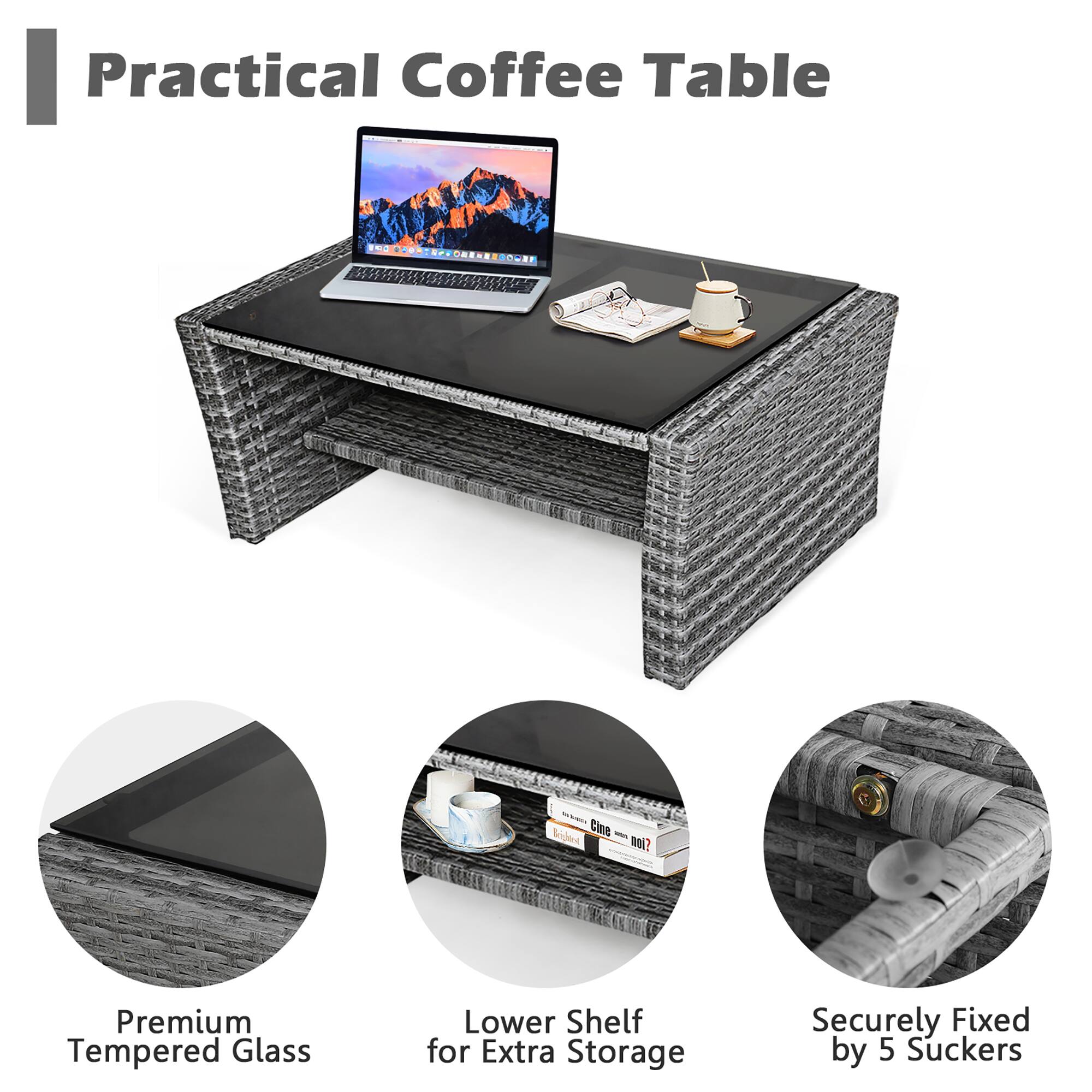Practical Coffee Table

- Premium Tempered Glass
- Lower Shelf for Extra Storage
- Securely Fixed by 5 Suckers