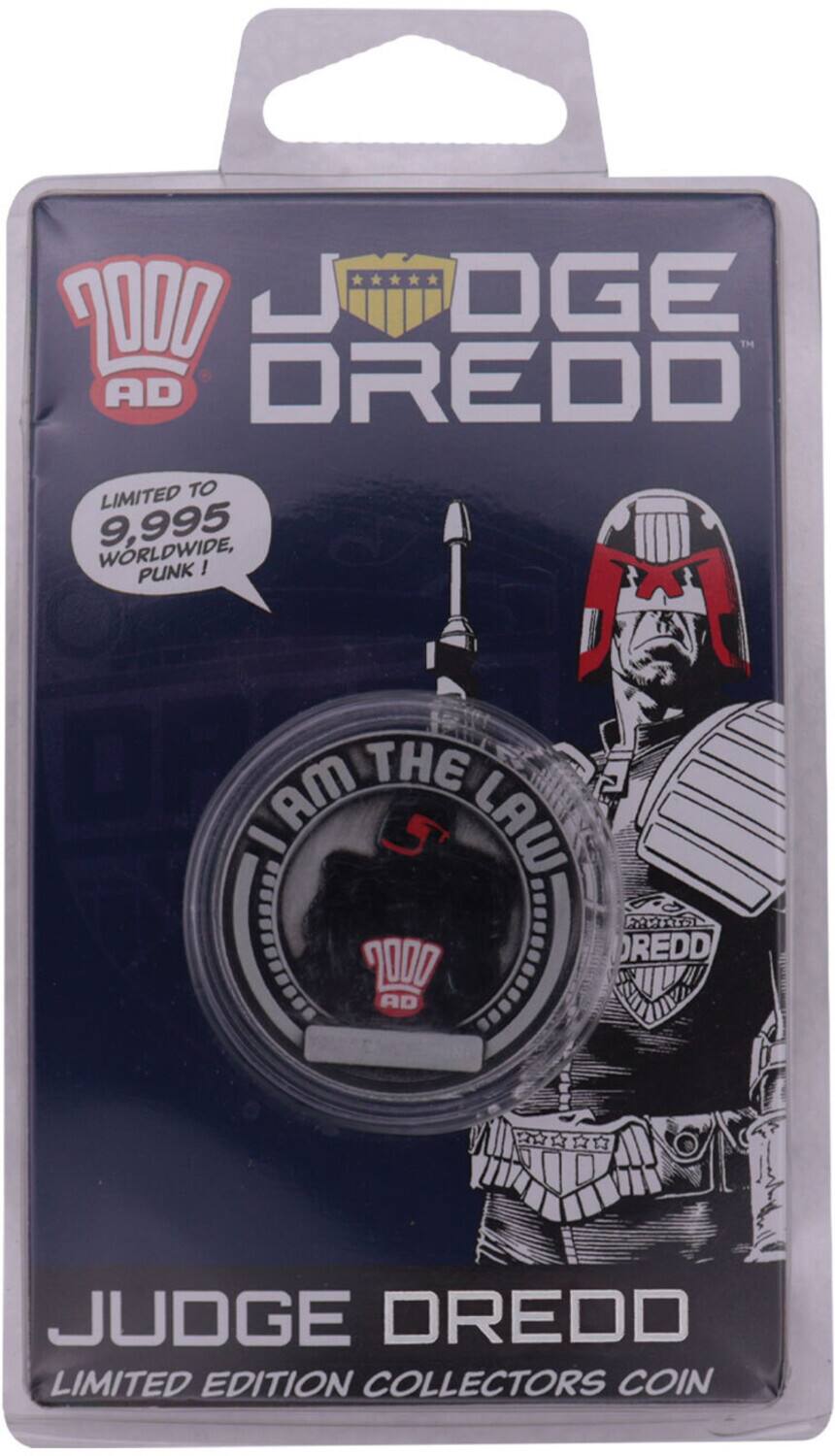 Sure, here is the corrected and grouped text from the image:

---

**7000 AD**

**JUDGE DREDD**

LIMITED TO 9,995 WORLDWIDE, PUNK!

I AM THE LAW

**JUDGE DREDD**

LIMITED EDITION COLLECTORS COIN

---

This text is taken directly from the packaging of the Judge Dredd Limited Edition Collectors Coin.