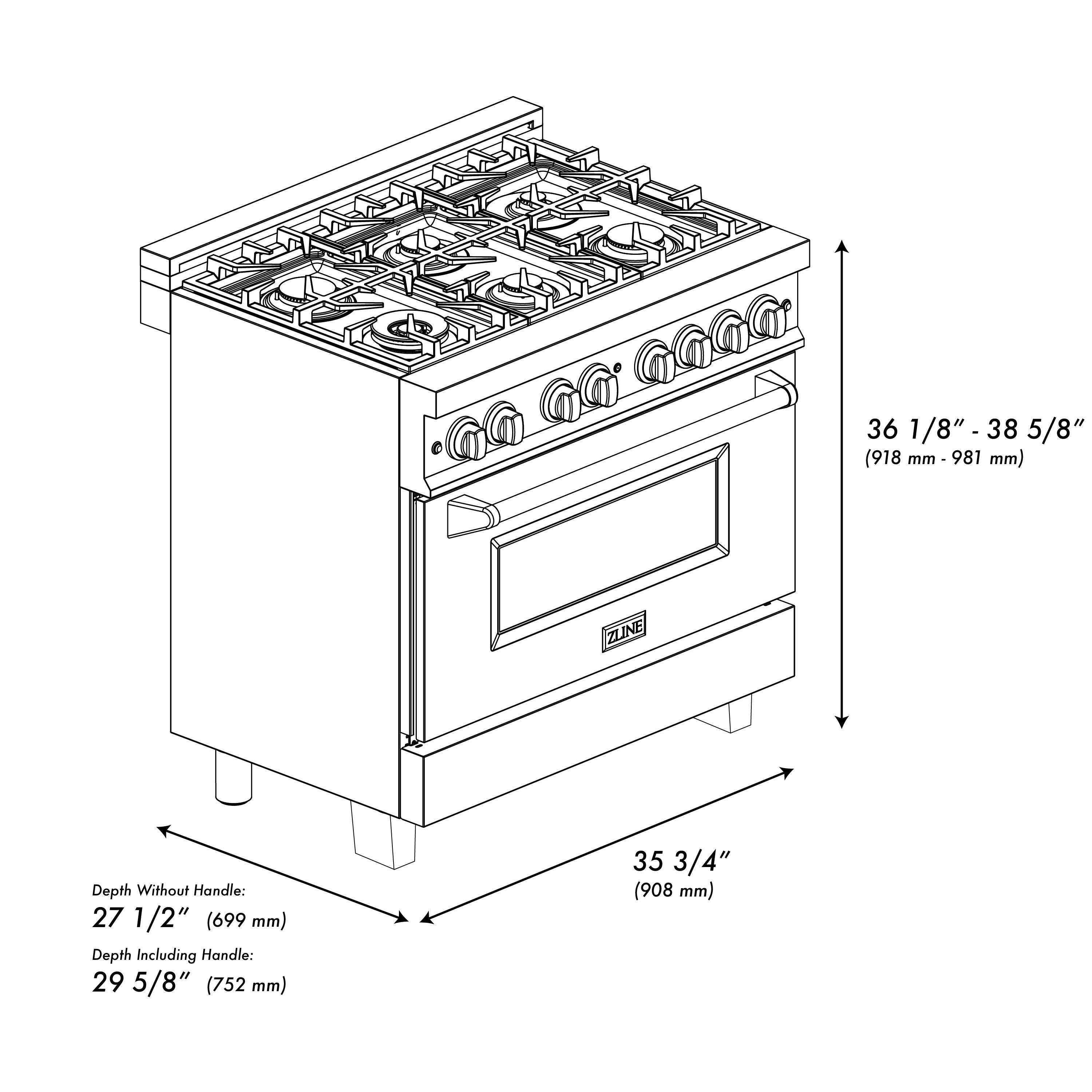 The image shows a stove with a range top and oven. The dimensions of the stove are provided in both inches and millimeters. The stove has a depth of 27 1/2 inches (699 mm) without the handle and 29 5/8 inches (752 mm) including the handle. The range top is 36 1/8 inches (918 mm) deep, while the oven is 38 5/8 inches (981 mm) deep.