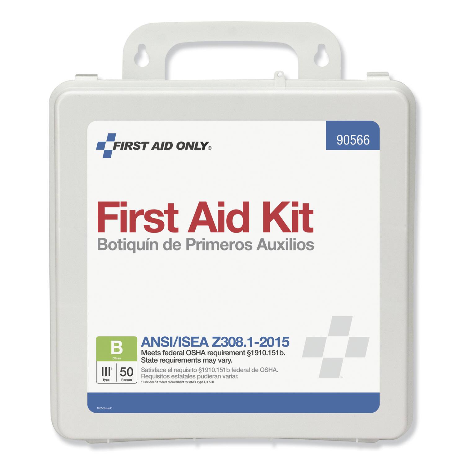 FIRST AID ONLY  
90566  
First Aid Kit  
Botiquín de Primeros Auxilios  
ANSI/ISEA Z308.1-2015  
B  
Meets federal OSHA requirement $1910.151b.  
LONSS State requirements may vary.  
III  
50  
Satisface el requisito 1910.151b federal de OSHA.  
Requisitos estatales pudieran variar.