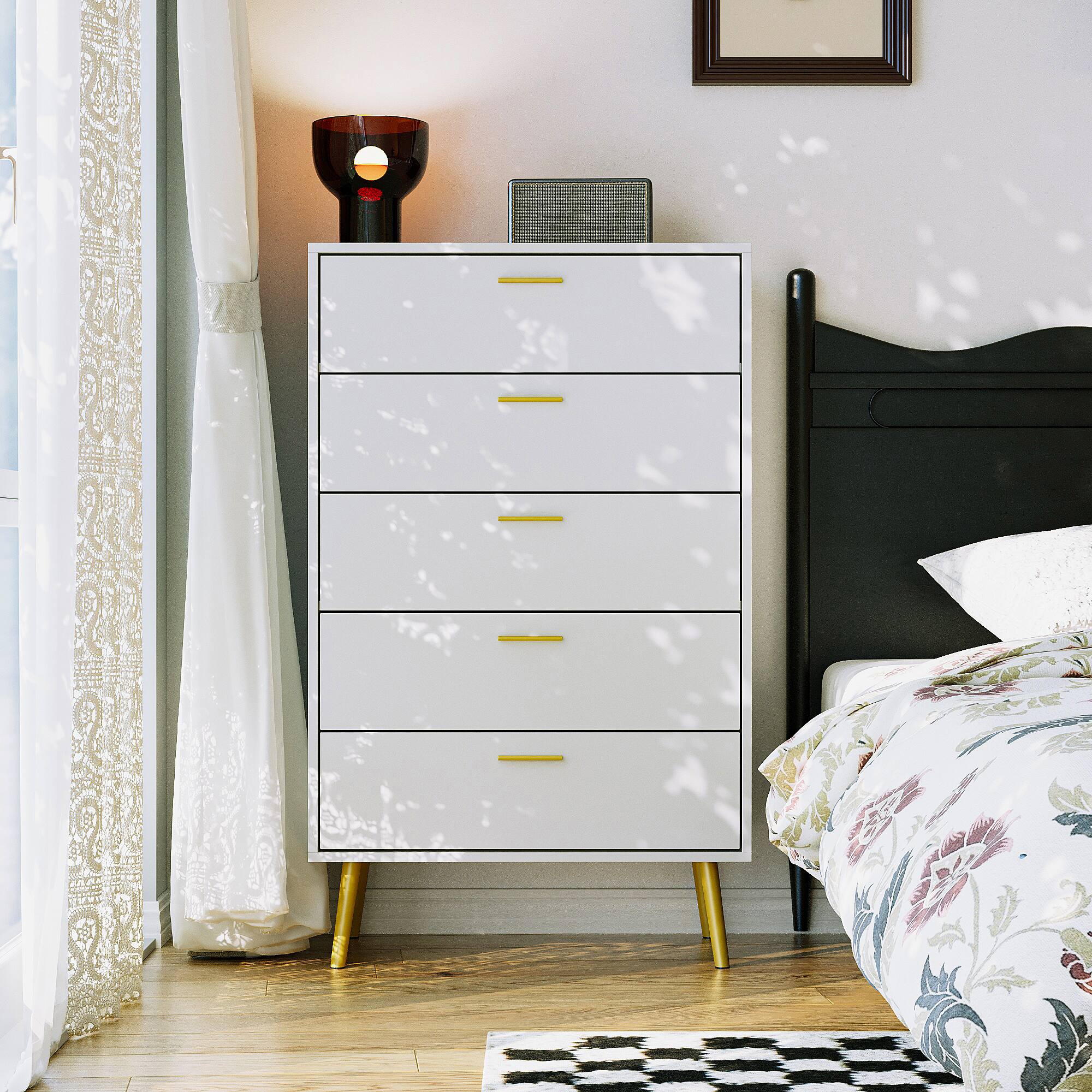 Angle. Famapy - 5-Drawer Dresser for Bedroom, Living Room & Apartment – Modern Storage Cabinet with Metal Legs & Anti-Tip Safety - White.