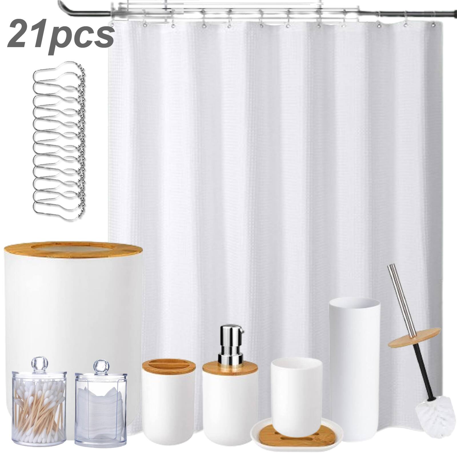 Auledio - 21PCS Bathroom Accessories Set Shower Curtain and 12 Hooks, Bathroom Accessories Set - White