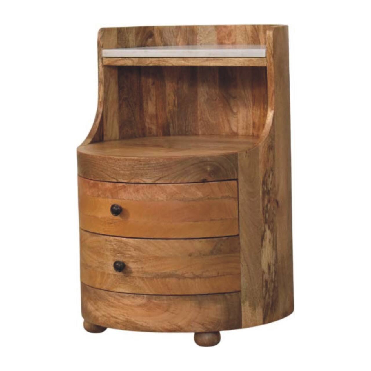 Angle. Artisan Furniture - Artisan Furniture Solid Wood Curved Bedside with Marble Top, 2 Drawers, 1 Open Shelf, Brown - Brown.