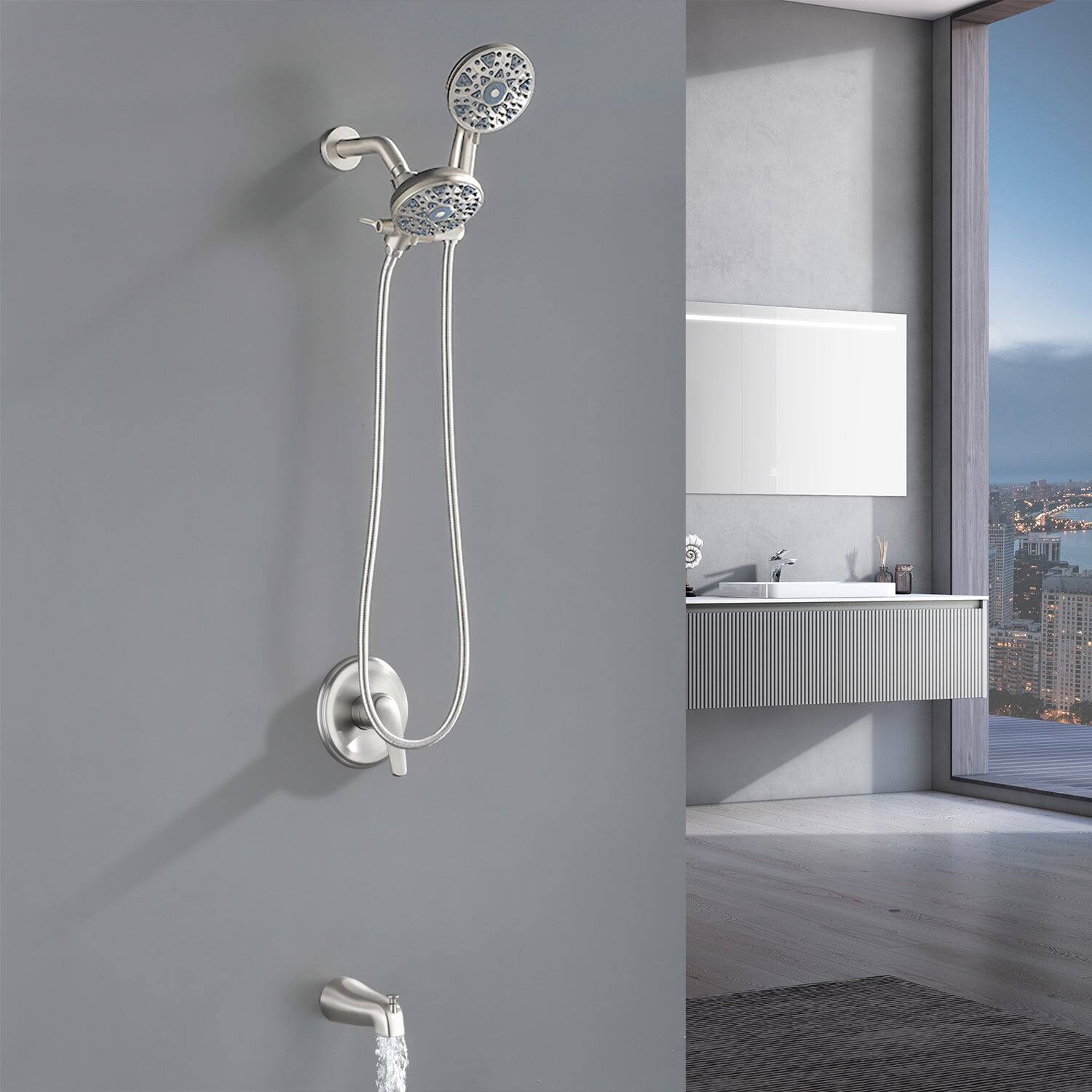 Alt View 4. Boyel Living - Brushed Nickel Shower Set with Pressure Balance Valve 6 Function Dual Shower Heads and Tub Spout - Brushed Nickel.
