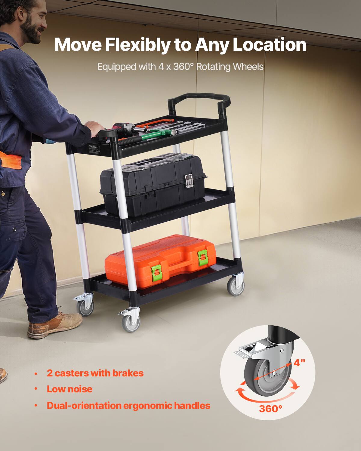 Move Flexibly to Any Location, Equipped with 4 X 360 Rotating Wheels, 2 casters with brakes, Low noise, Dual-orientation ergonomic handles, 360