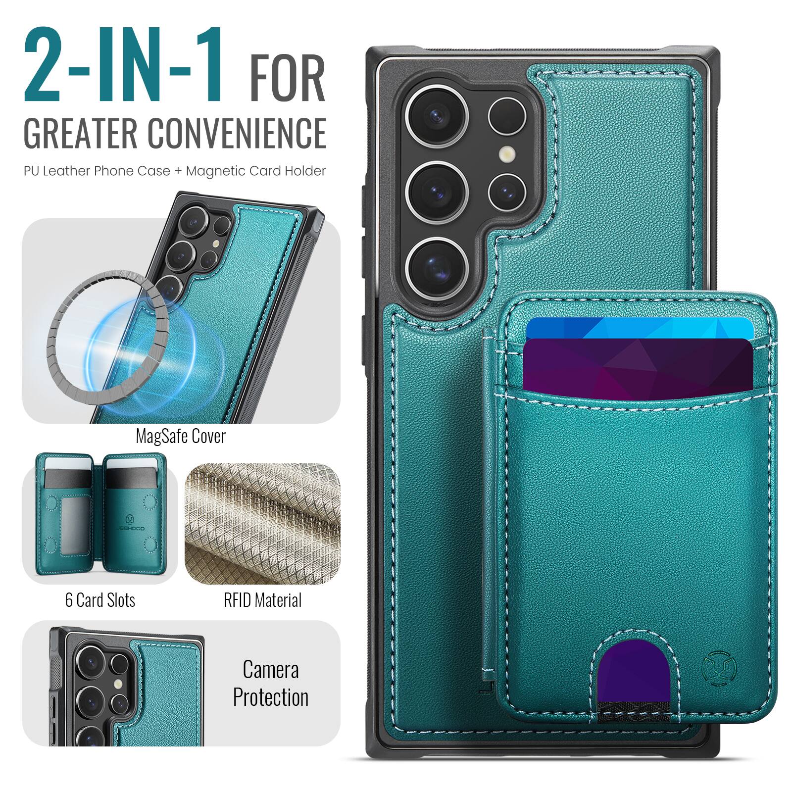 2-IN-1 FOR GREATER CONVENIENCE  
PU Leather Phone Case + Magnetic Card Holder  

- MagSafe Cover  
- 6 Card Slots  
- RFID Material  
- Camera Protection