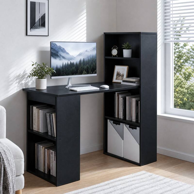 Left. WELLFOR - 48" Computer Desk with 4-Tier Bookcase, Modern Reversible Home office Desk Writing Desk for Small Spaces - Black.