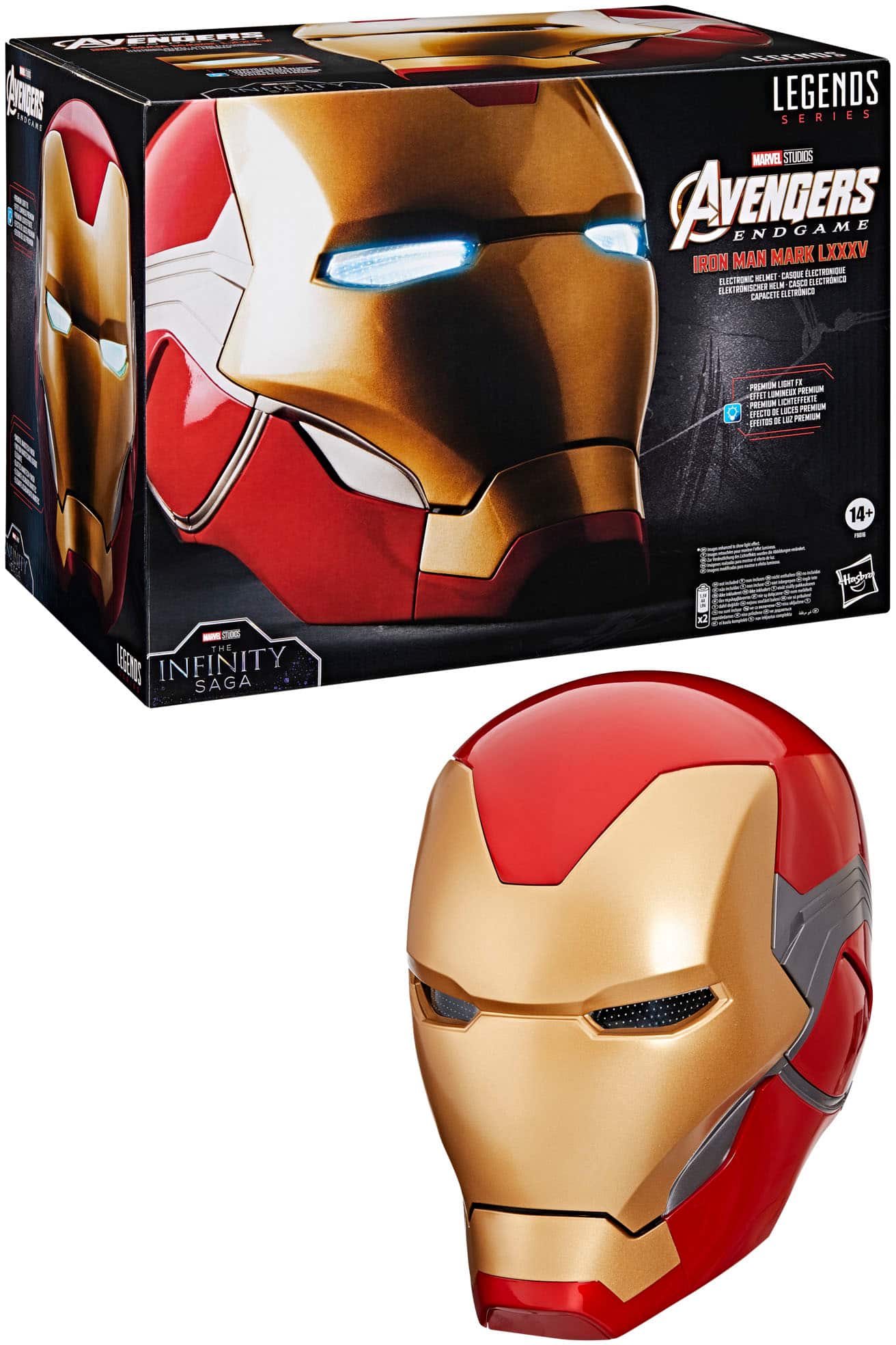 The text on the image reads: "Avengers Endgame Legends Series Marvel Studios Iron Man Mark Helmet. Casque Lectronico. Capacete Eletronico. Premium. Efeito de Lúcidos. Efeitos de Lep. Premium. 14+ Fagar 12 -N SPRKE THE 1 ESSENNS INFINITY SAGA 9."