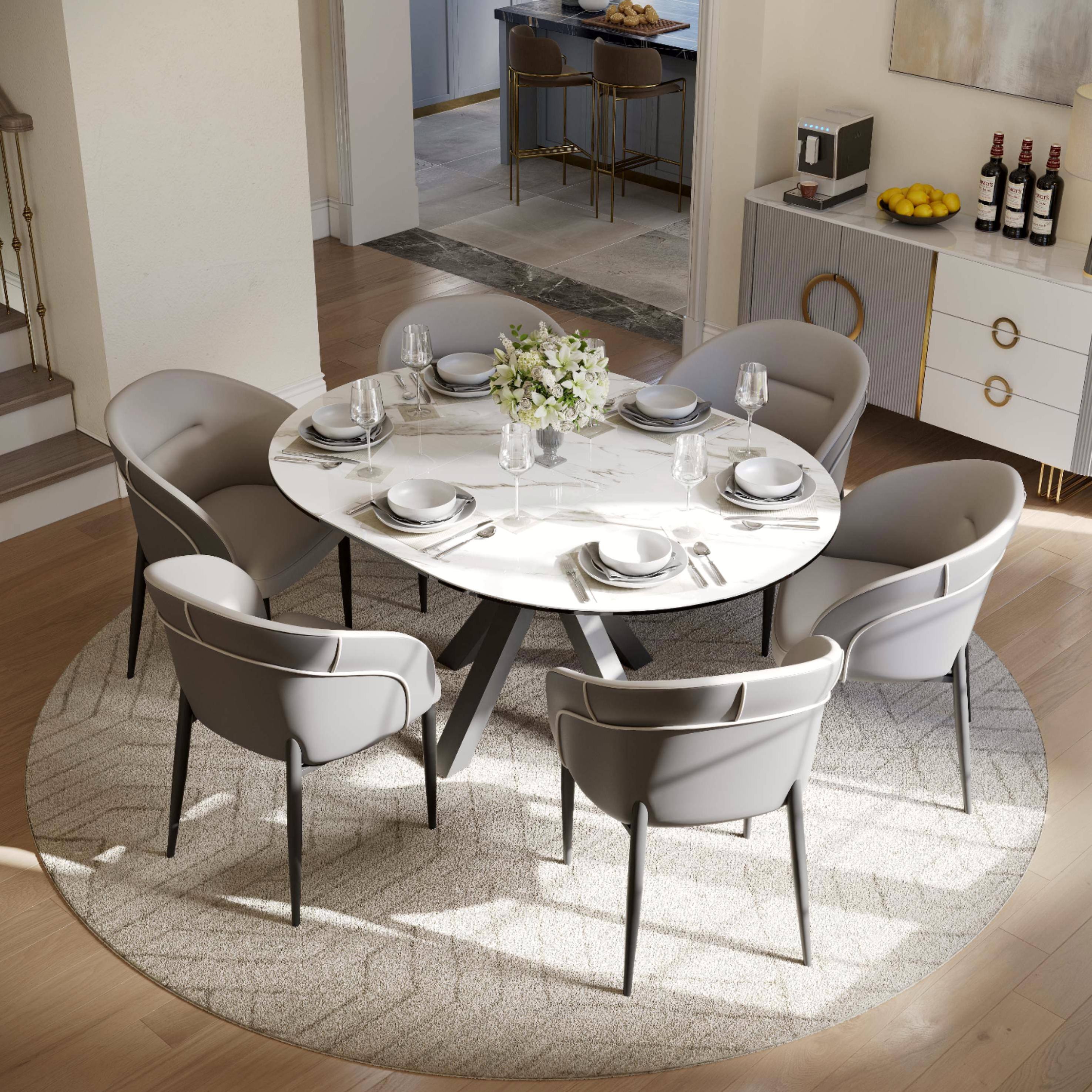 Angle. POVISON - Modern Upholstered Dining Chairs Set of 2, Faux Leather Barrel Chairs, Gray & Light Gray - Light Gray & Gray.