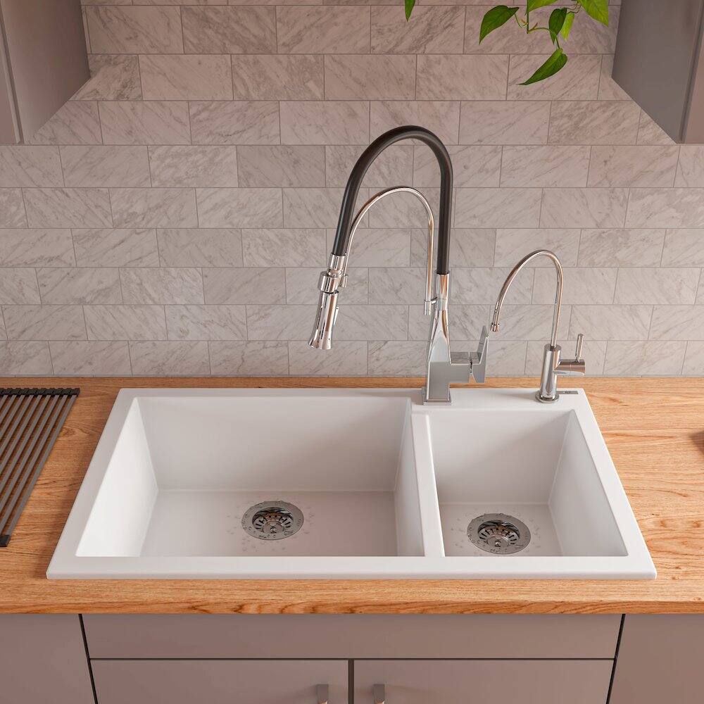 Left. Alfi - White 34" Double Bowl Drop In Granite Composite Kitchen Sink - White.