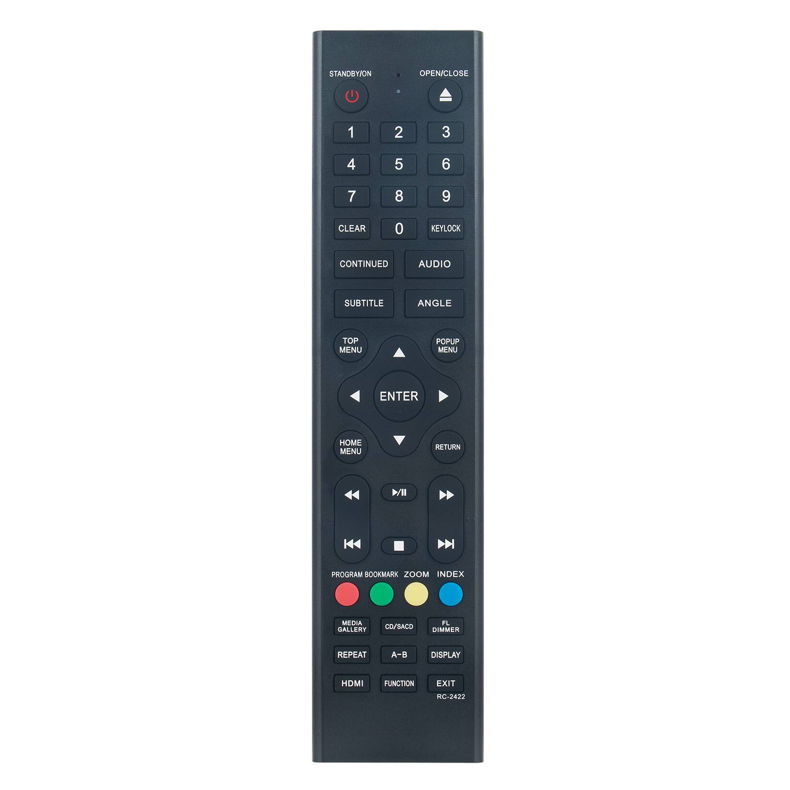 STANDBY/ON  
OPEN/CLOSE  

1 2 3  
4 5 6  
7 8 9  
CLEAR 0  
KEYLOCK  

CONTINUED  
AUDIO  
SUBTITLE  
ANGLE  
TOP MENU  
POPUP MENU  
ENTER  
HOME MENU  
RETURN  

PROGRAM BOOKMARK  
MEDIA GALLERY  
CD/DVD  
REPEAT  
A-B  
DISPLAY  
HDMI  
FUNCTION  
EXIT  

RC-2422