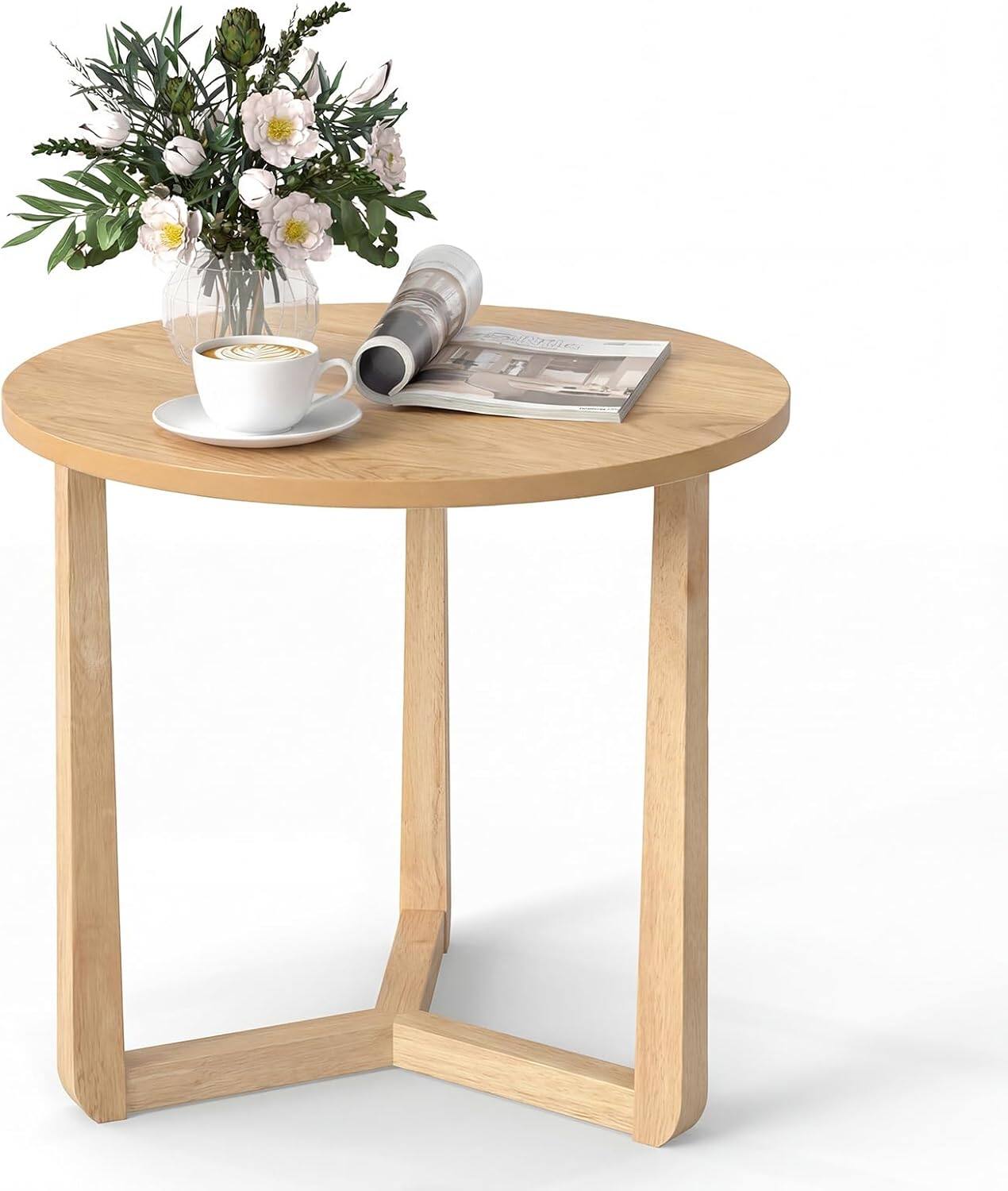 Gymax - Round Side Table w/Sturdy Rubber Wood Legs & Triangular Structure for Bedroom - Natural