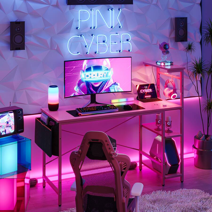 Pdcf Desk Bestier 55inch Gaming Desk with LED Lights Storage Shelves File Pockets ...