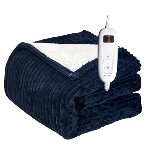 Pacoar Cade - Heated Blanket Full Size Electric Throw Soft Flannel To Sherpa 6 Levels Fast Heating 1-9 Hours Auto Off Machine - Blue-72"X84"