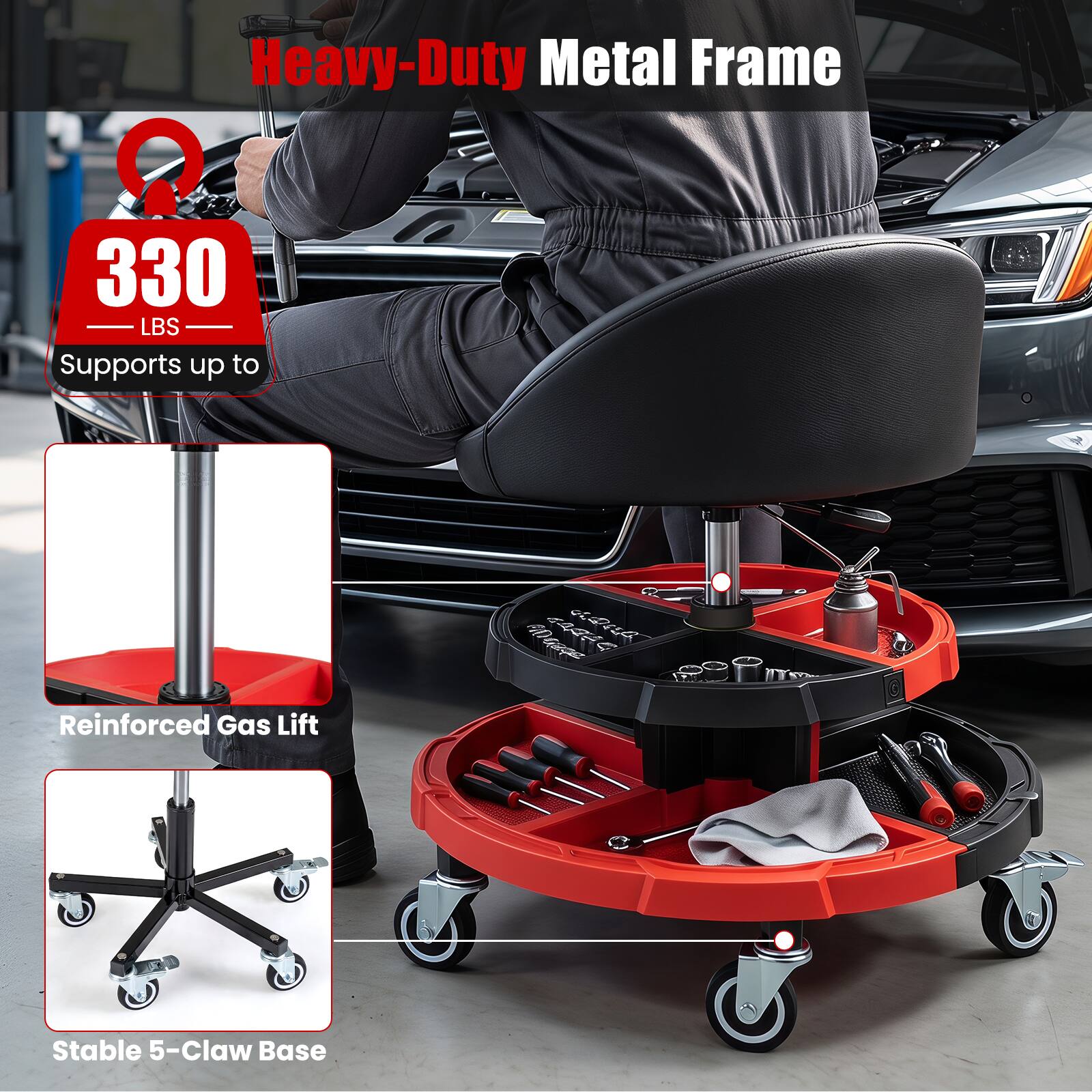Heavy-Duty Metal Frame  
330 LBS Supports up to  
Reinforced Gas Lift  
Stable 5-Claw Base