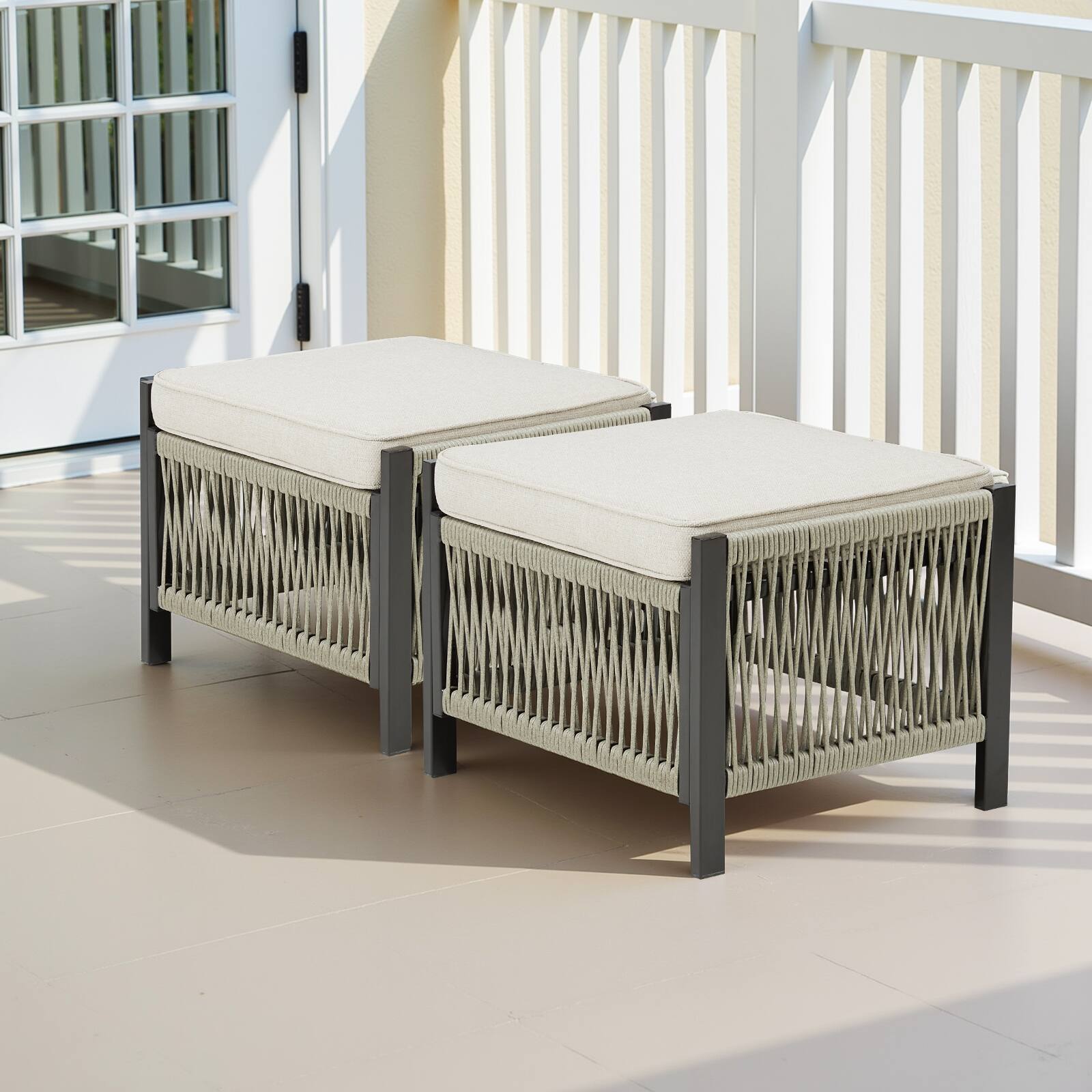 Front. Mondawe - Set of 2 Outdoor PE Wicker Ottomans with Beige Cushion - Beige.