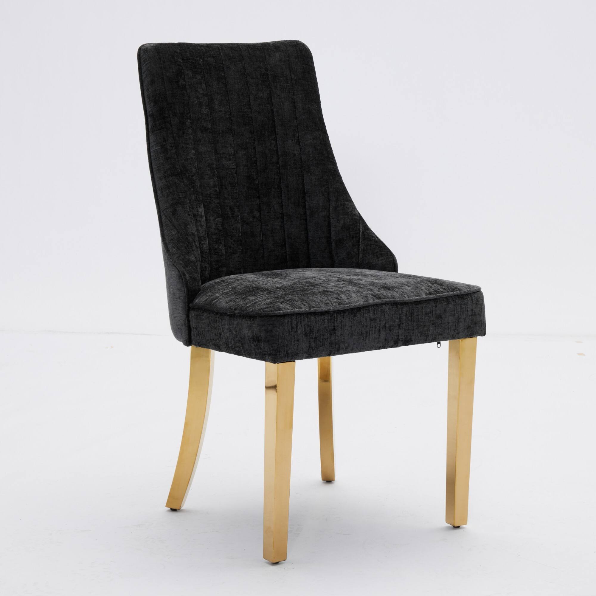 Left. GOODSILO - Luxury Chenille Fabric Upholstered Dining Chairs with Golden Stainless Steel Legs, Set of 2 - Black.
