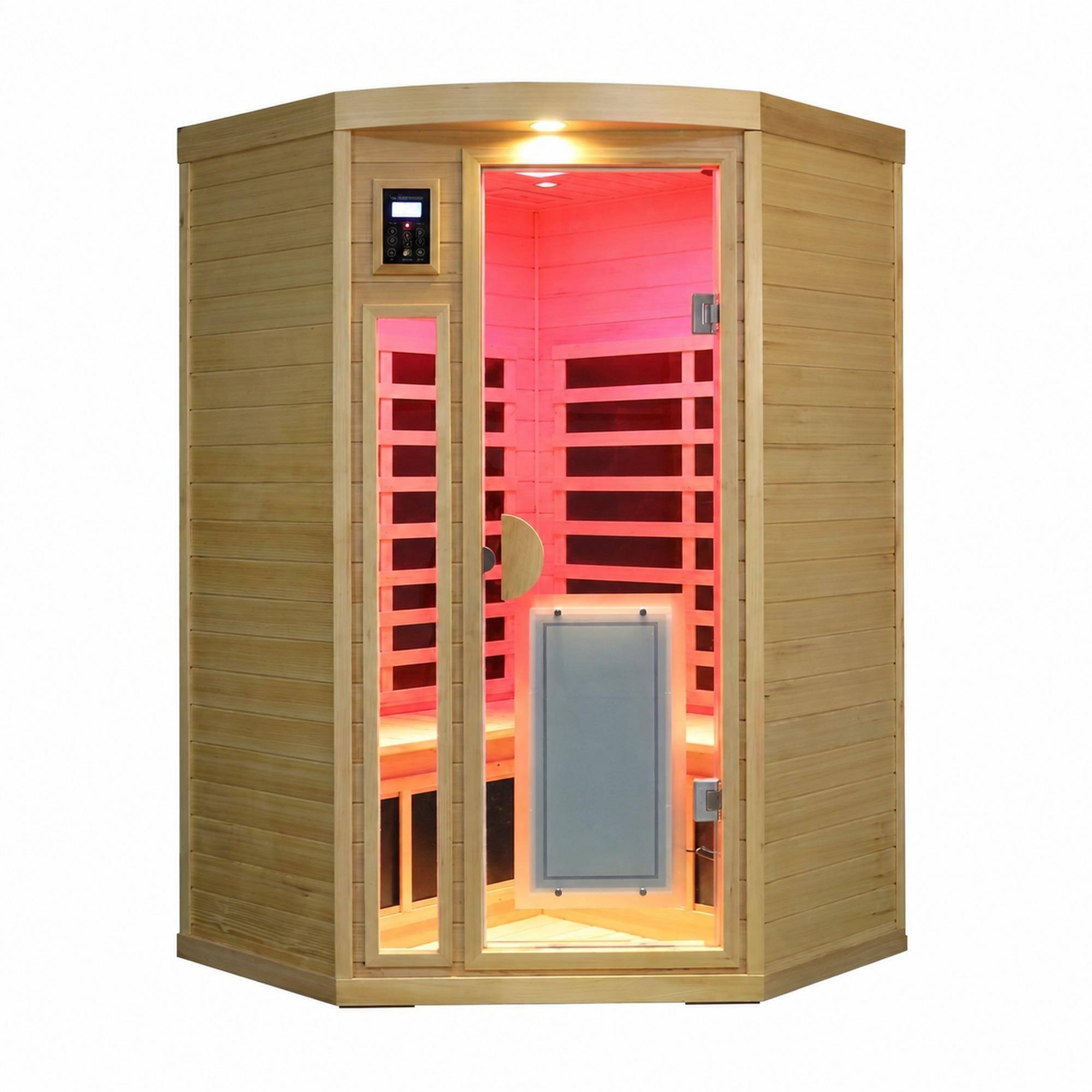 Front. RYHNUYNE - Hemlock Pentagonal Indoor Far Infrared Sauna, Low-EMF Carbon Fiber Heaters, Digital Control Panel, Dry Sauna for Home - Natural.