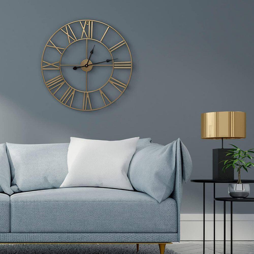 Back. Hivvago - Hivvago Round 24-inch Decorative Gold Metal Wall Clock Roman Numerals and Black Hands - Gold.