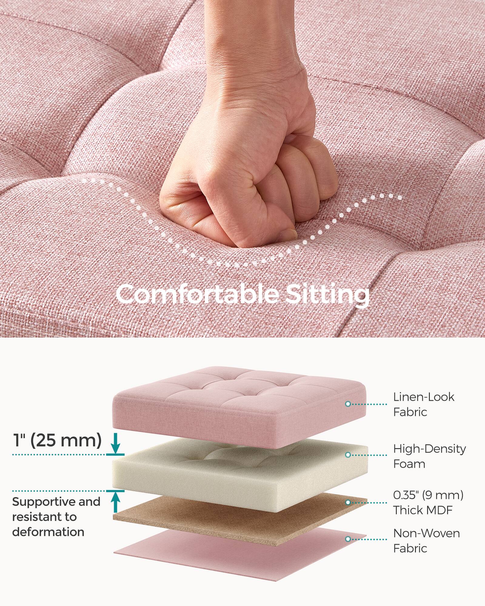 Comfortable Sitting  
Linen-Look Fabric  
1" (25 mm) High-Density Foam  
Supportive and resistant to deformation  
0.35" (9 mm) Thick MDF  
Non-Woven Fabric