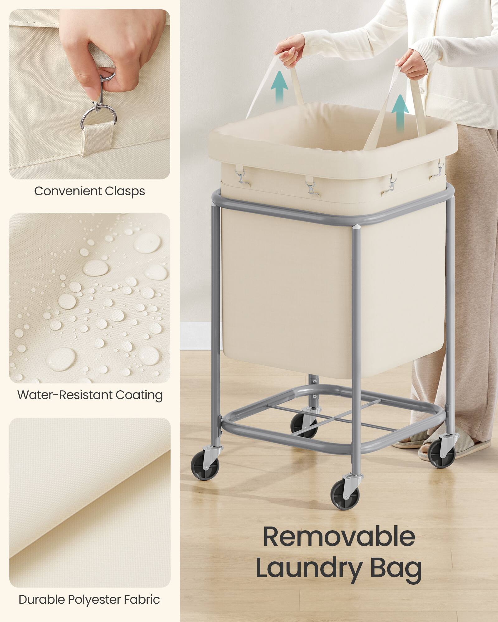 Convenient Clasps  
Water-Resistant Coating  
Durable Polyester Fabric  
Removable Laundry Bag