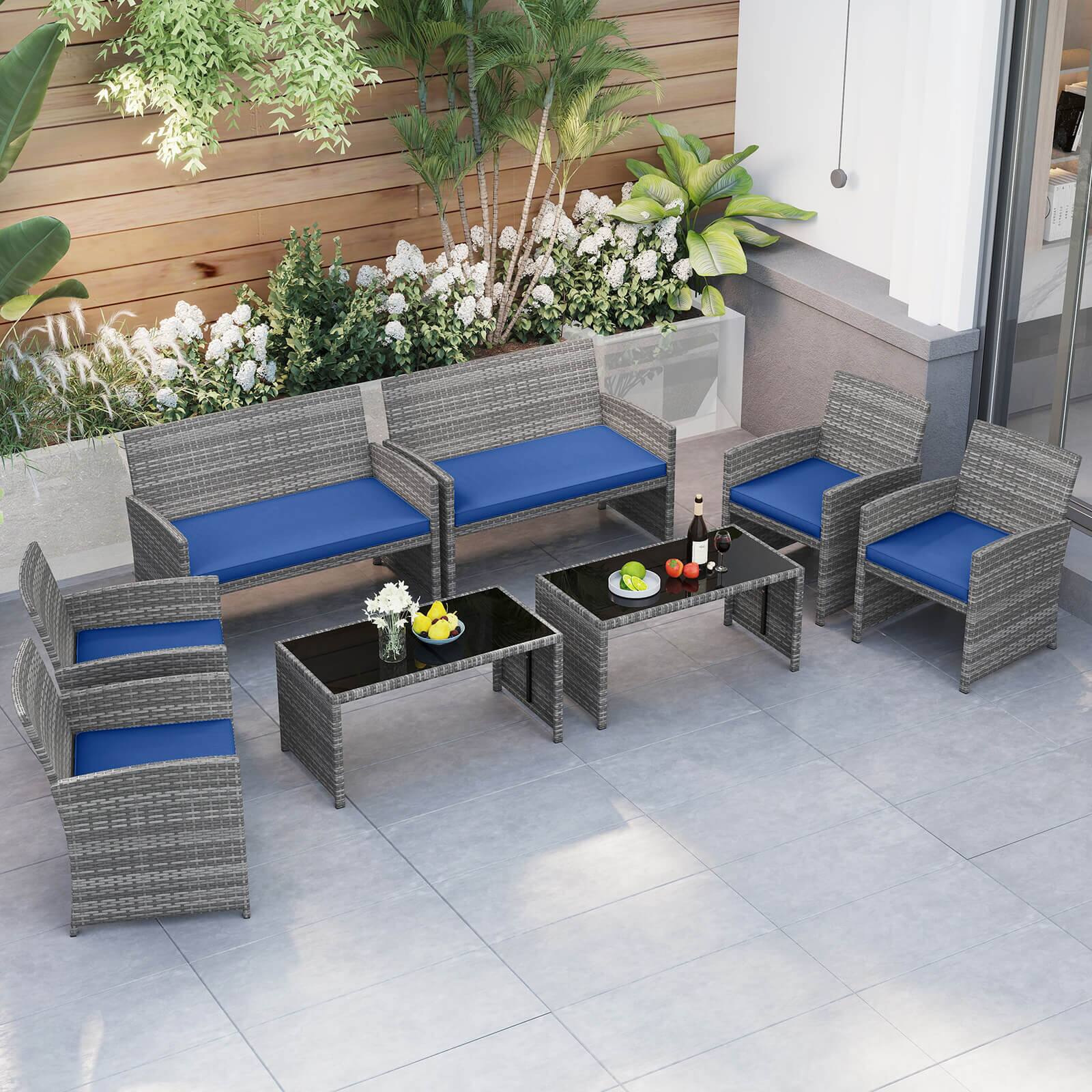 Alt View 5. Costway - Costway 4 PCS Patio Furniture Set with Tempered Glass Coffee Table Loveseat 2 Single Sofas - Navy,Gray.