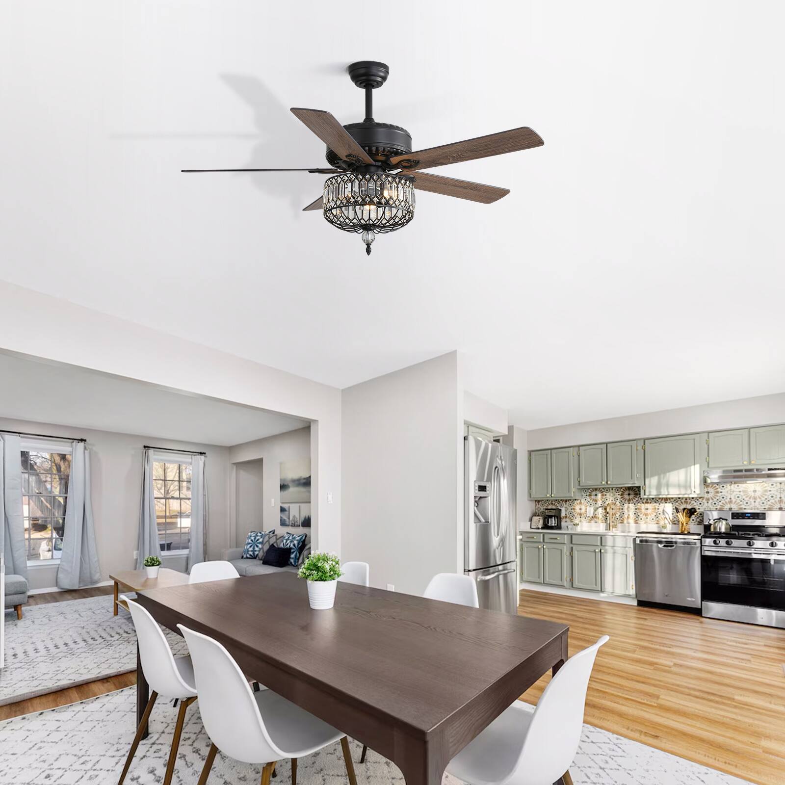 Alt View 4. Sofucor - Farmhouse Ceiling Fans Lights Kit 52'' Indoor Chandelier Crystal Fandelier Ceiling Fans for Living Dining Room Bedroom - Black.