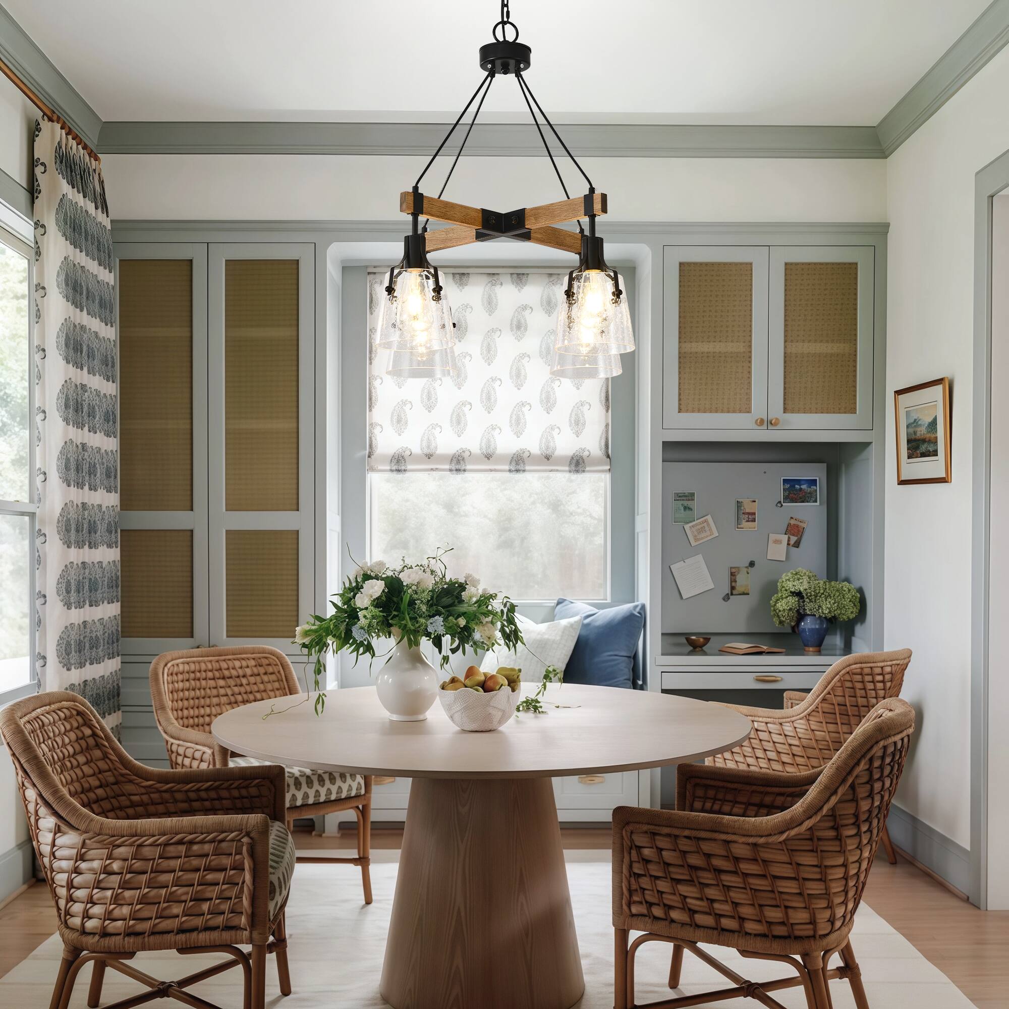 Left. RYHNUYNE - 4 Light Farmhouse Chandelier 22.83in Rustic Pendant Light Fixture with Seeded Glass Shades, Wood Chandeliers.
