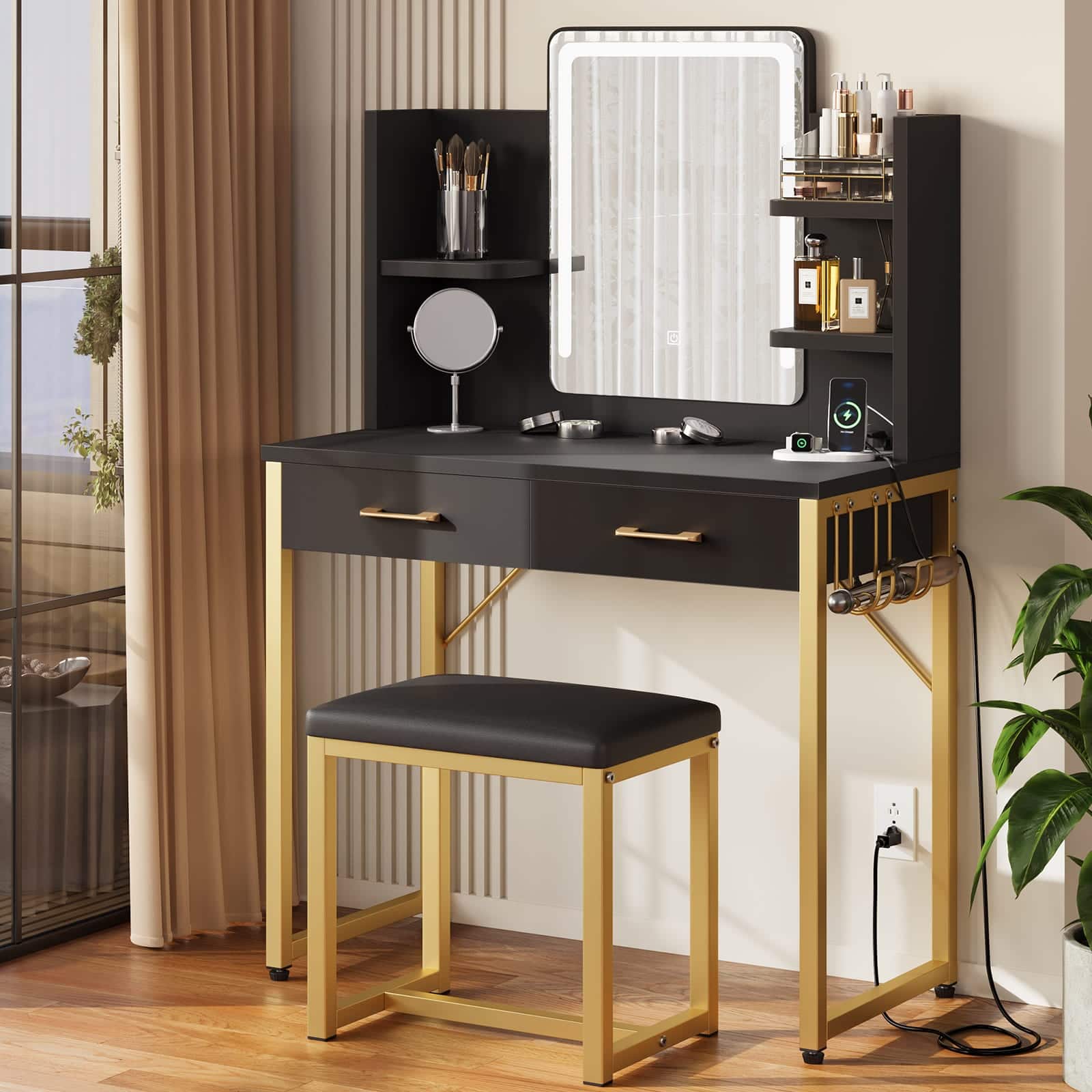 Bestier - 31.3-in W Makeup Vanity with LED Mirror, Storage Drawers, Power Outlet and PU Leather Cushion Stool - Black price history on PriceWatchPro
