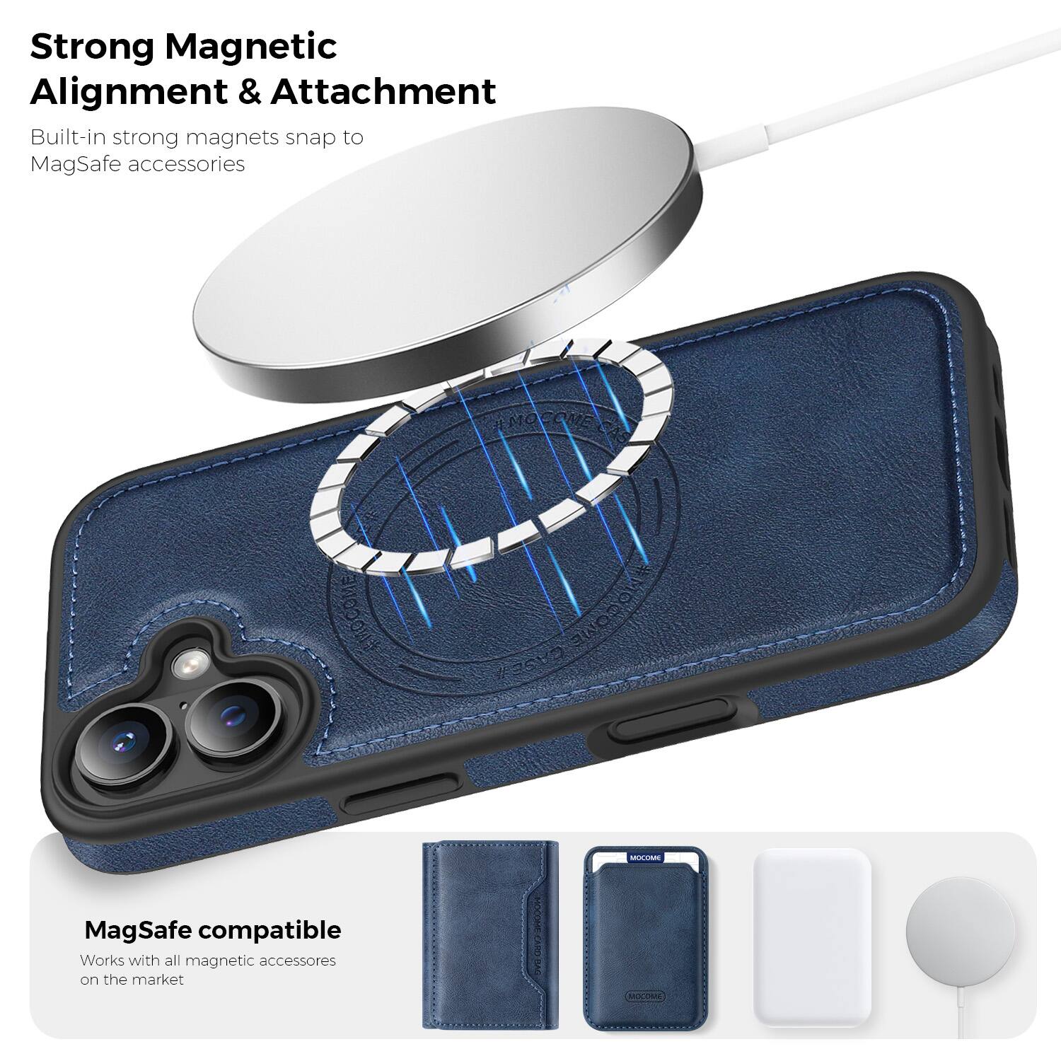 Strong Magnetic Alignment & Attachment  
Built-in strong magnets snap to MagSafe accessories  

MagSafe compatible  
Works with all magnetic accessories on the market