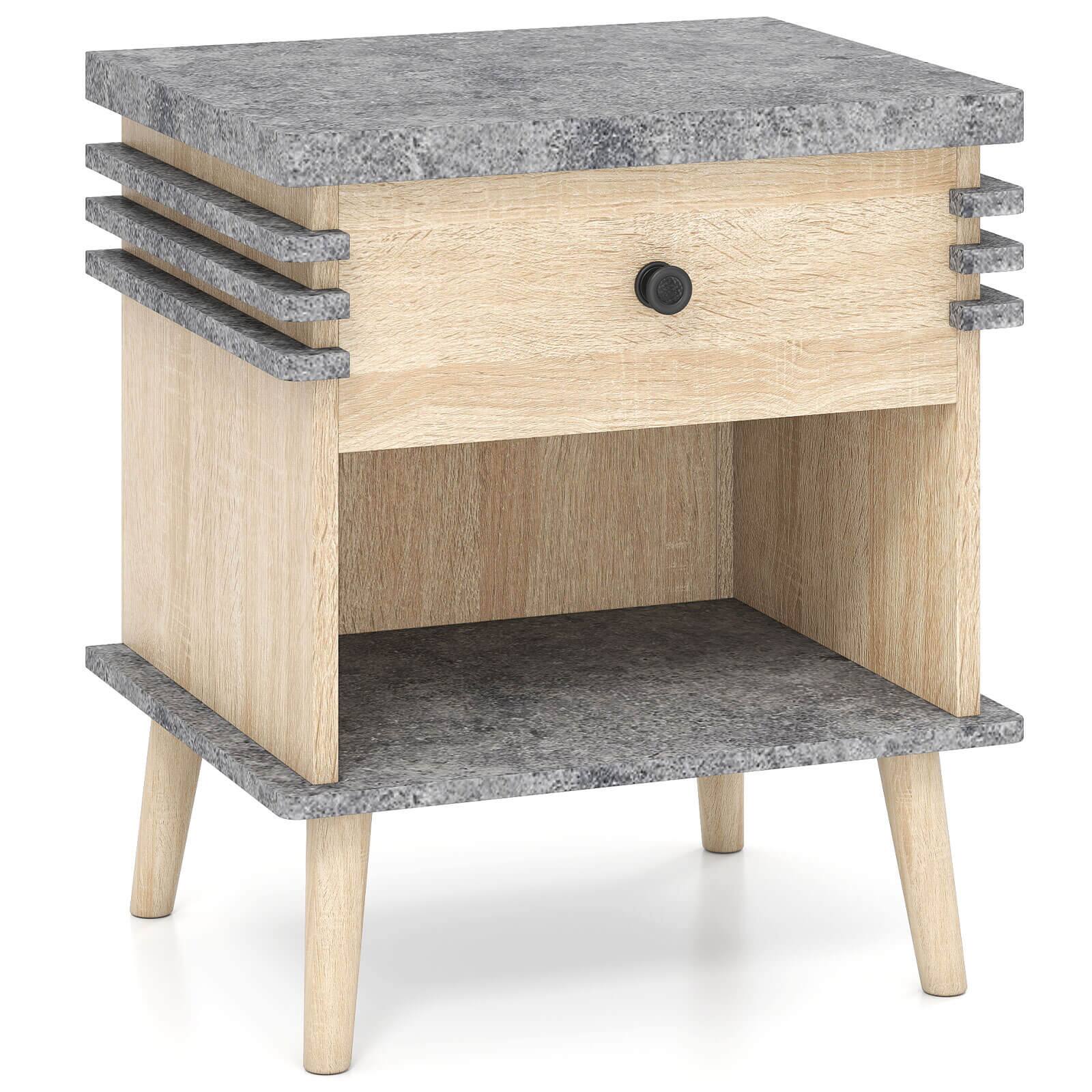 Angle. Costway - Costway 1 PCS 3-Tier Bedside Table with Antique Grey Faux Marble Top & Open Shelf - Antique Grey & Natural.