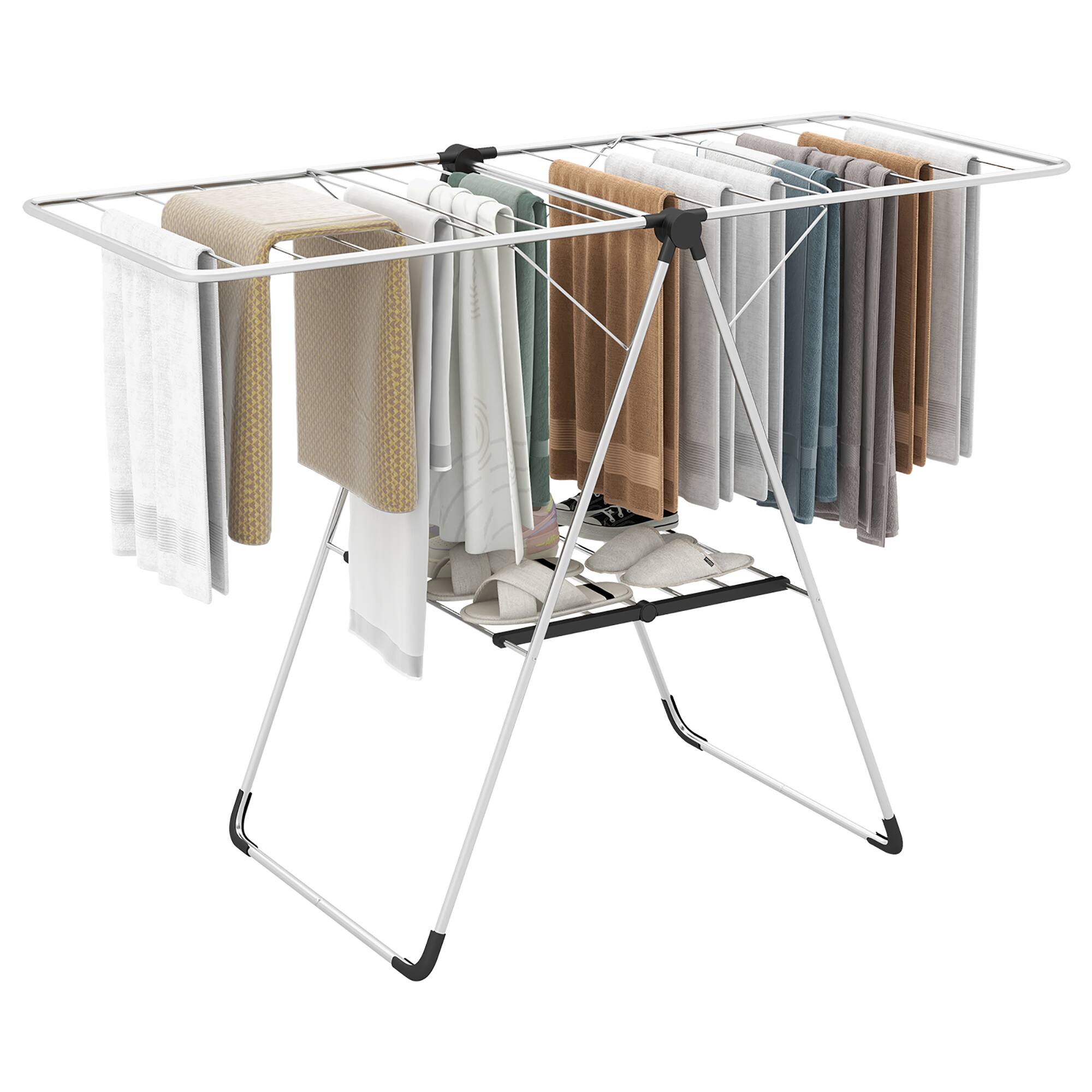 Front. Gymax - Gymax 2-Tier Laundry Drying Rack w/ Adjustable Wings Height Foot Pad Aluminum Frame - Silver.