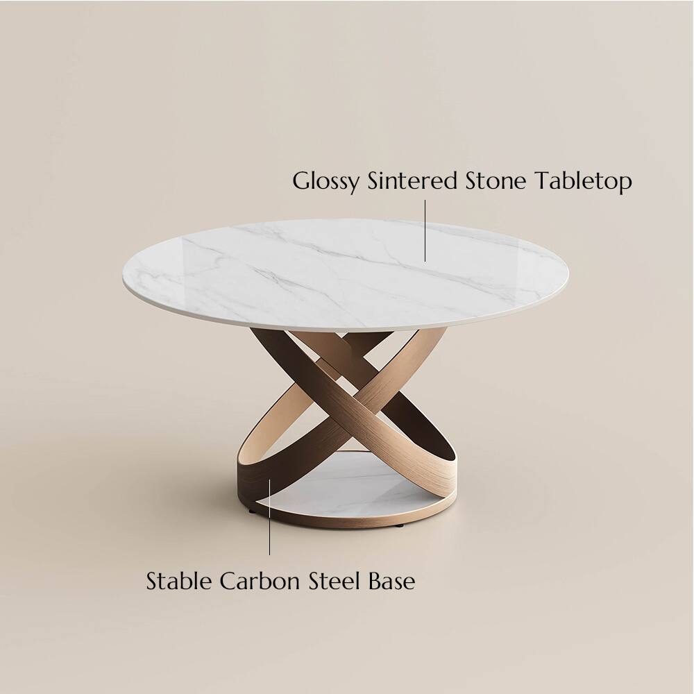 Glossy Sintered Stone Tabletop  
Stable Carbon Steel Base