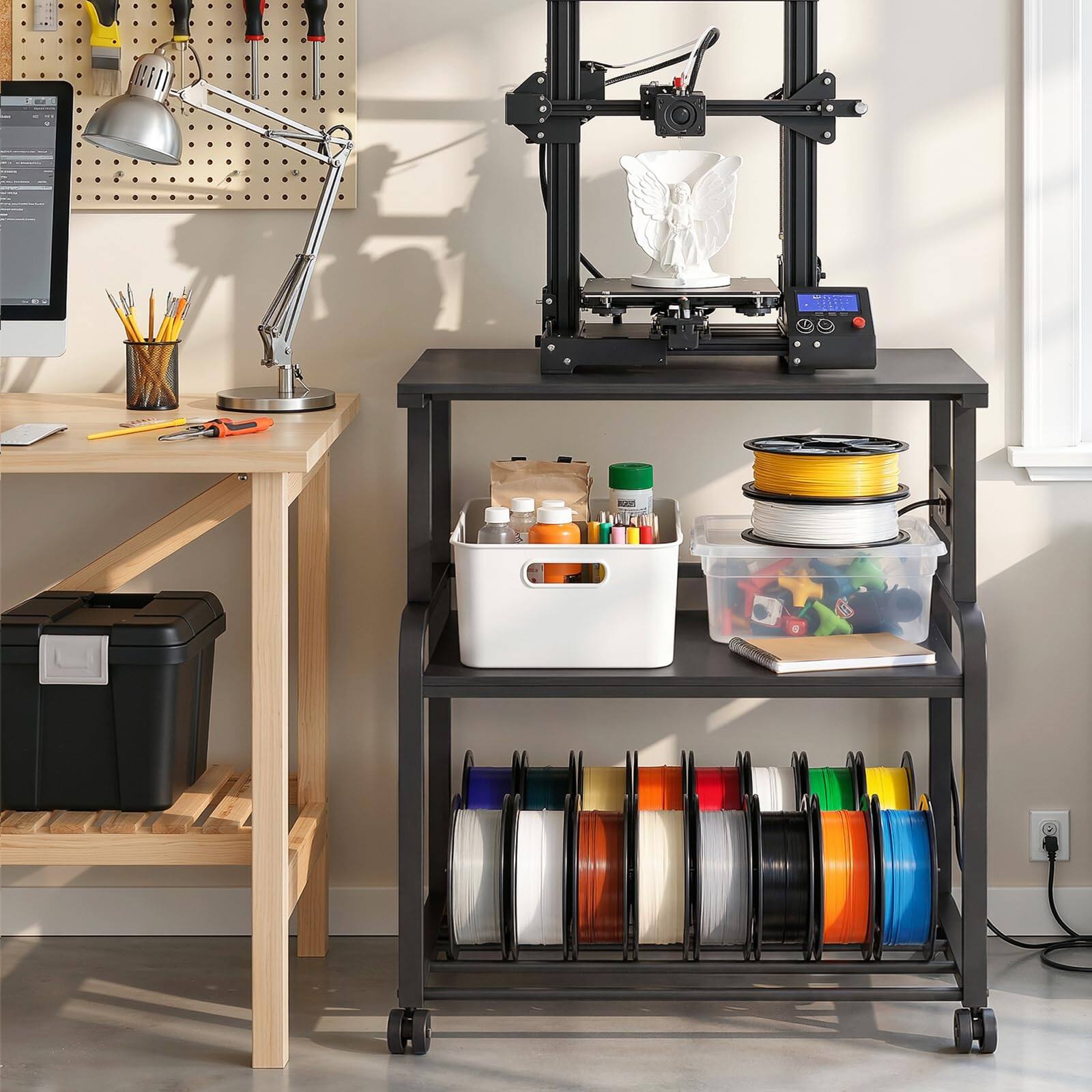 Angle. Aheaplus - Heavy Duty Rolling 3D Printer Stand with Power Outlet & Filament Storage - 3-Tier Lockable Cart for Home Office - Black.