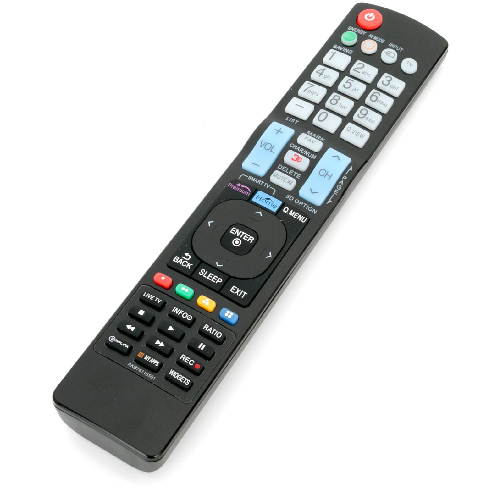 ENERGY AV MODE SAVING INPUT 1 TV 4 2 abc ghi 3 5 jkl del pqrs - 8 tuv 6 mno mno LIST 0 9 wxyz Q FAV MARK VIEW VOL CHAR/NUM 3D SMART MUTE DELETE CH Premium TV AGE Home 3D Q.MENU Q. OPTION ENTER BACK SLEEP LIVE TV EXIT INFO RATIO MPLINK Il MY APPS REC AKB74115501 WIDGETS