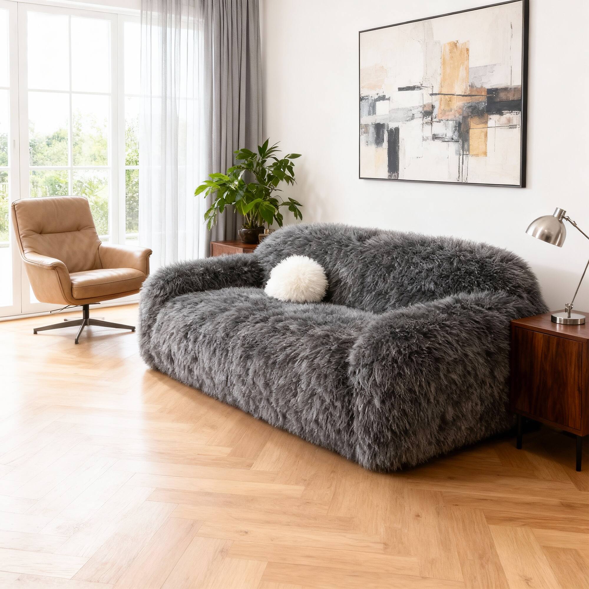 Angle. Vaczon - 3-Seater Plush Faux Fur Sofa with Soft Long Pile and Luxurious Comfort for Living Rooms or Apartments - Dark Gray.