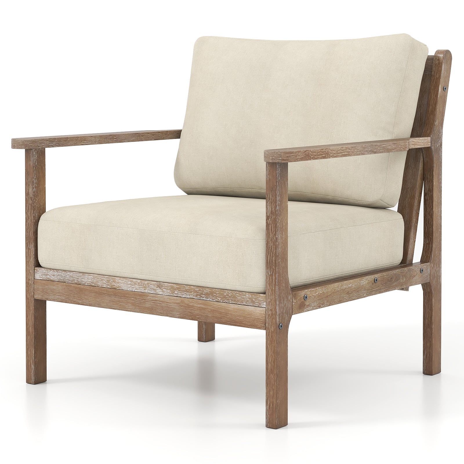 Costway - Modern Accent Chair with Solid Rubber Wood Armrests Cotton Linen Fabric Covers - Beige